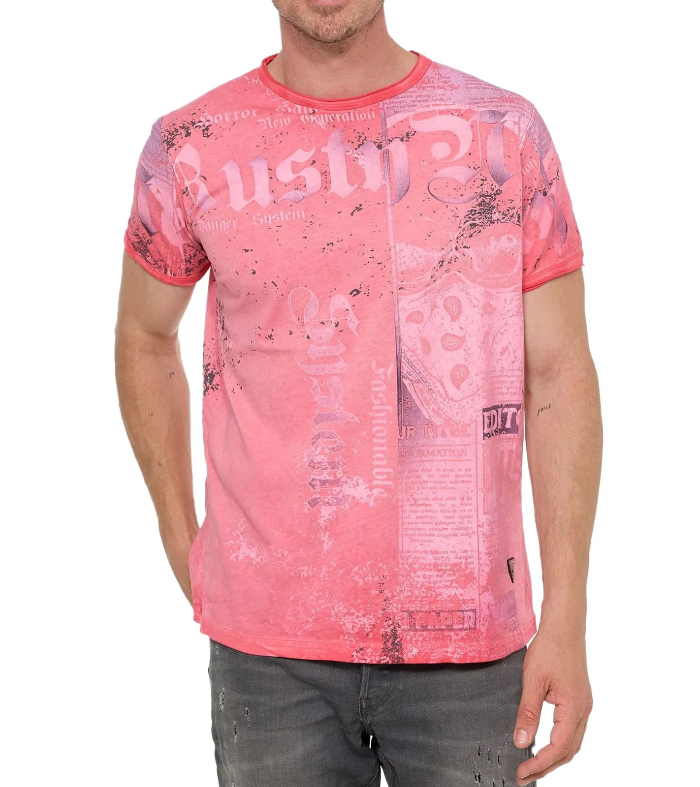Herren T-Shirt mit Allover-Print im Used-Look Baumwoll-Shirt Rundhals-Shirt R-15295 Coral
