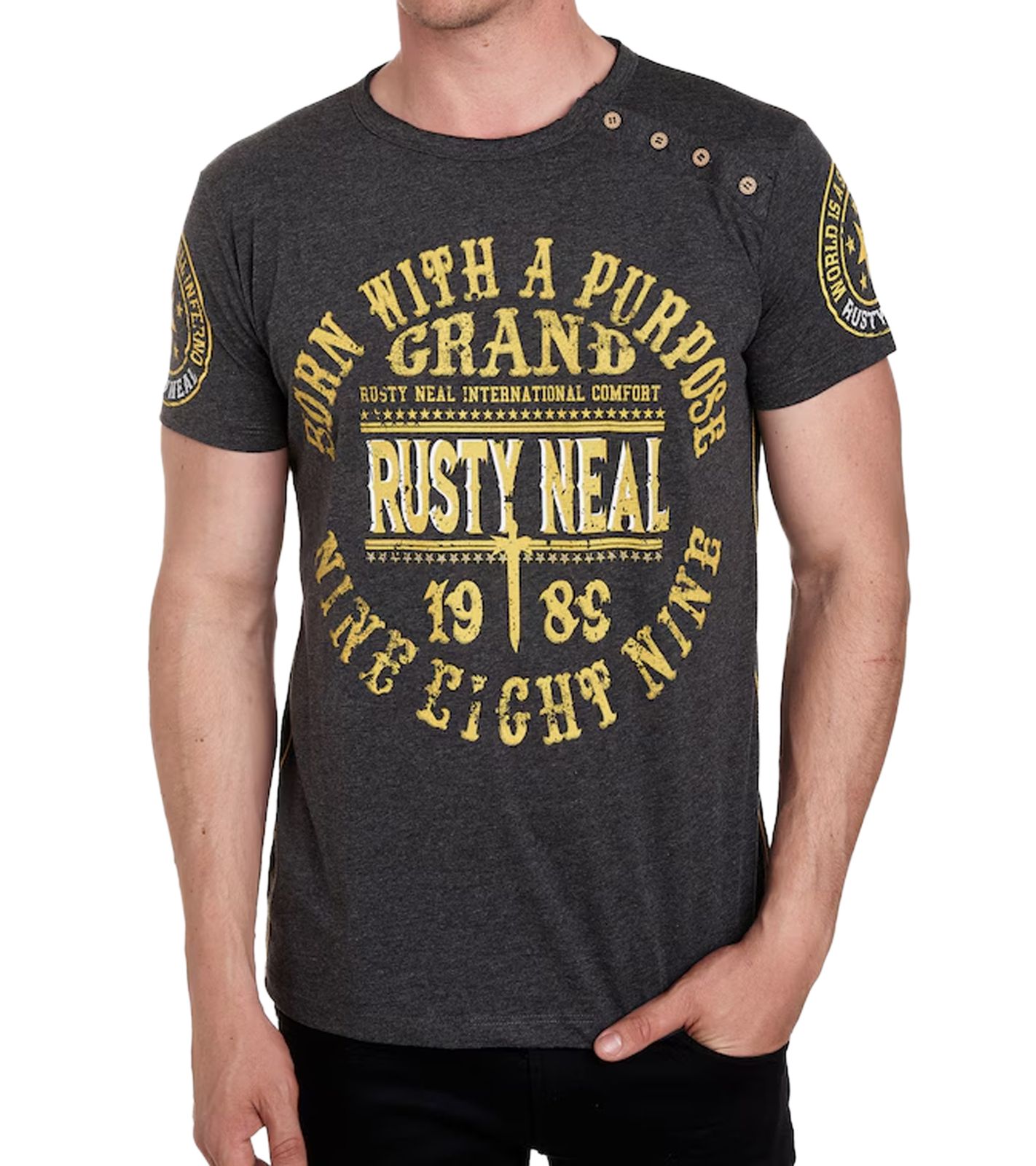 Herren T-Shirt mit "Born with a Purpose" Print Baumwoll-Shirt Rundhals-Shirt R-15216 Dunkelgrau meliert
