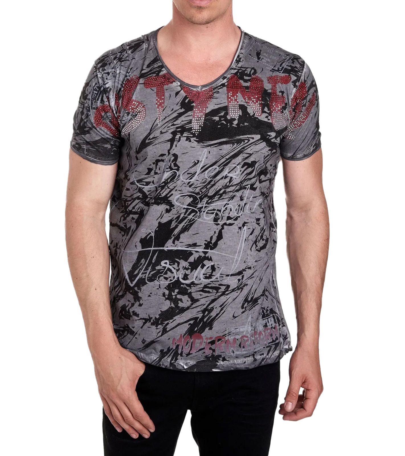 Herren T-Shirt mit aufwendigem Strass-Design Baumwoll-Shirt Rundhals-Shirt R-15162 Anthrazit