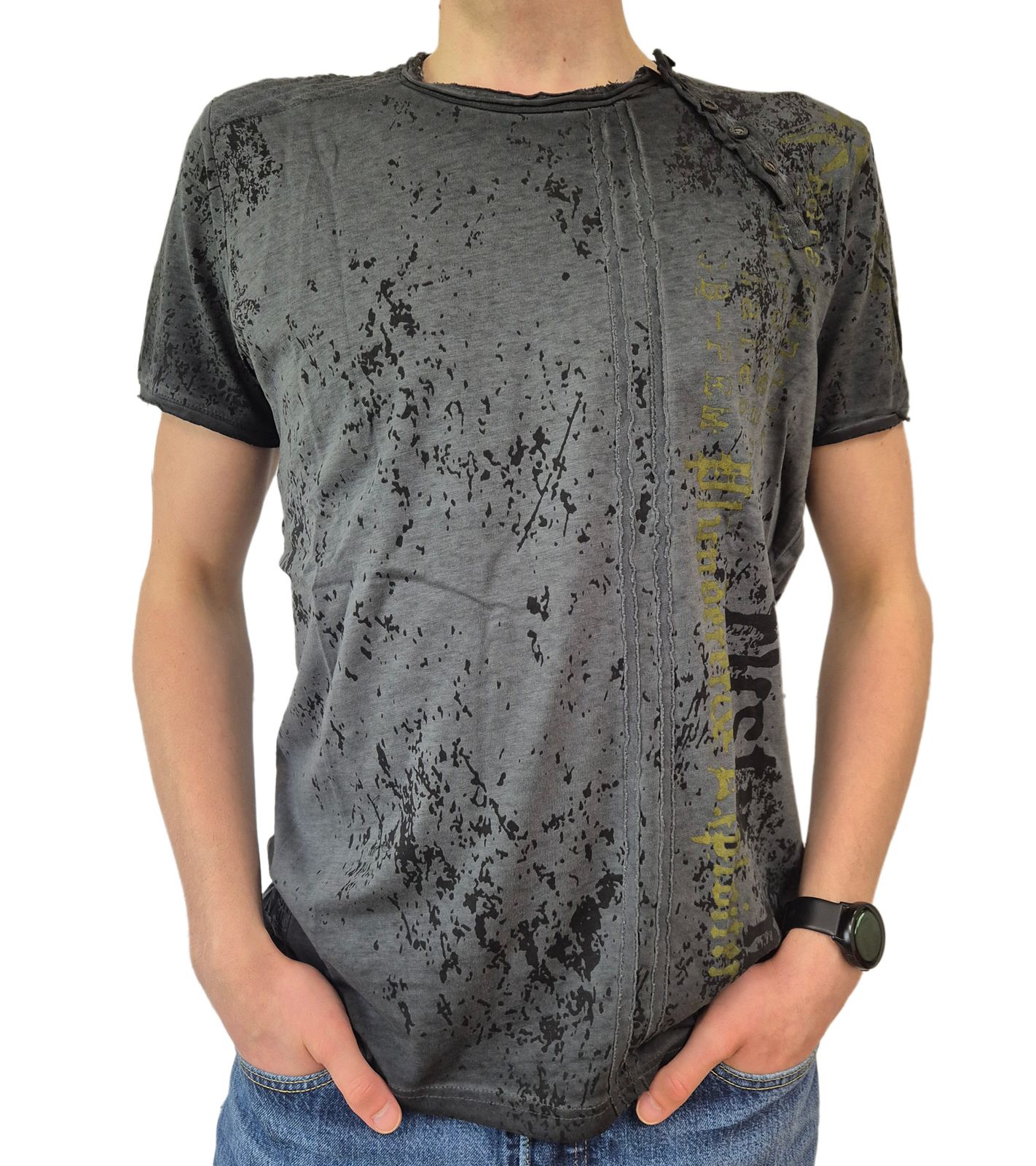 Herren T-Shirt mit Plunderer & Exploiter Print Baumwoll-Shirt Rundhals-Shirt R-15191 Dunkelgrau