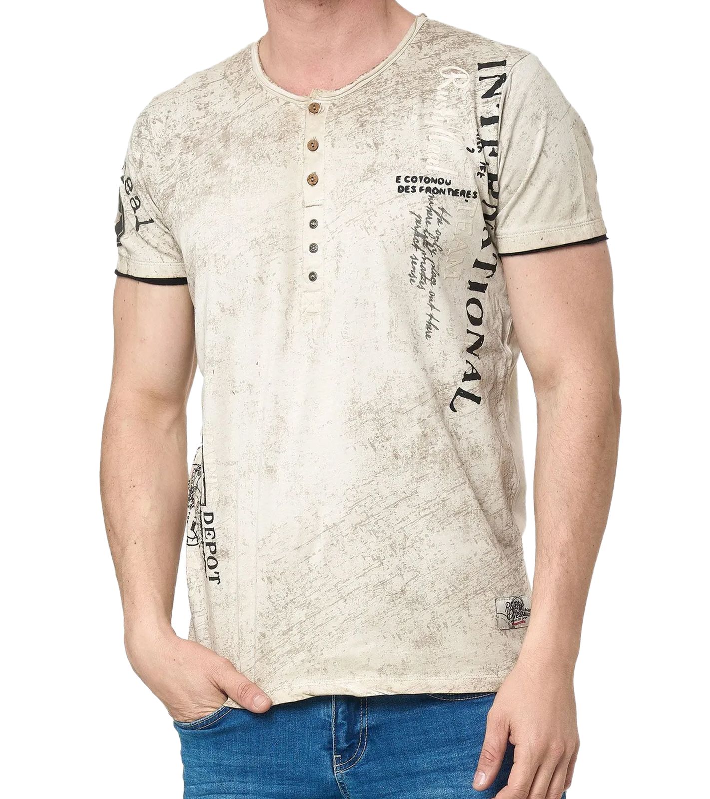 Herren T-Shirt mit seitlichem Print Baumwoll-Shirt modisches Kurzarm-Shirt R-15243 Braun