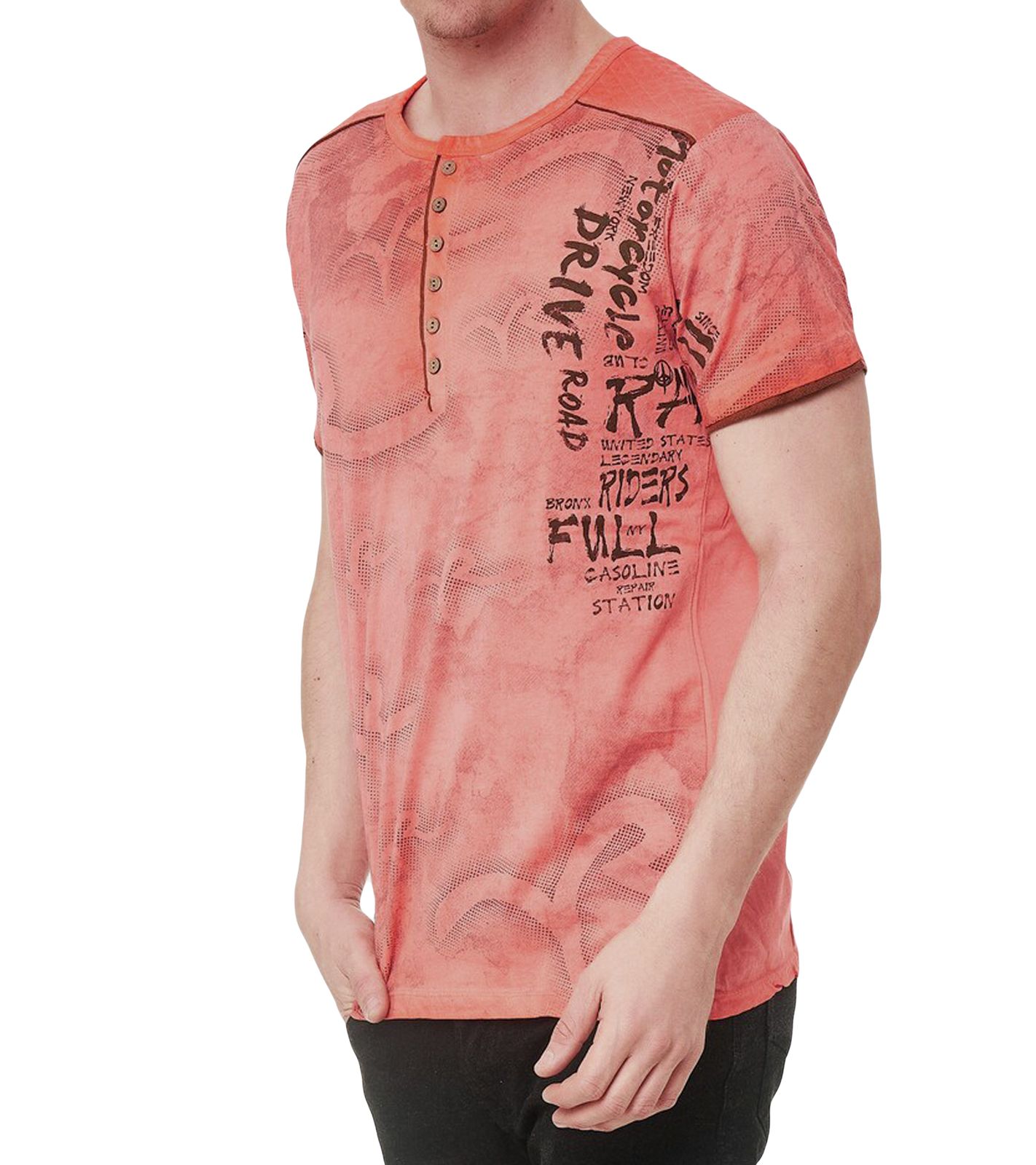 Herren T-Shirt mit Urban-Print Baumwoll-Oberteil Sommer-Rundhals-Shirt mit Knopfleiste S-15246 Orange