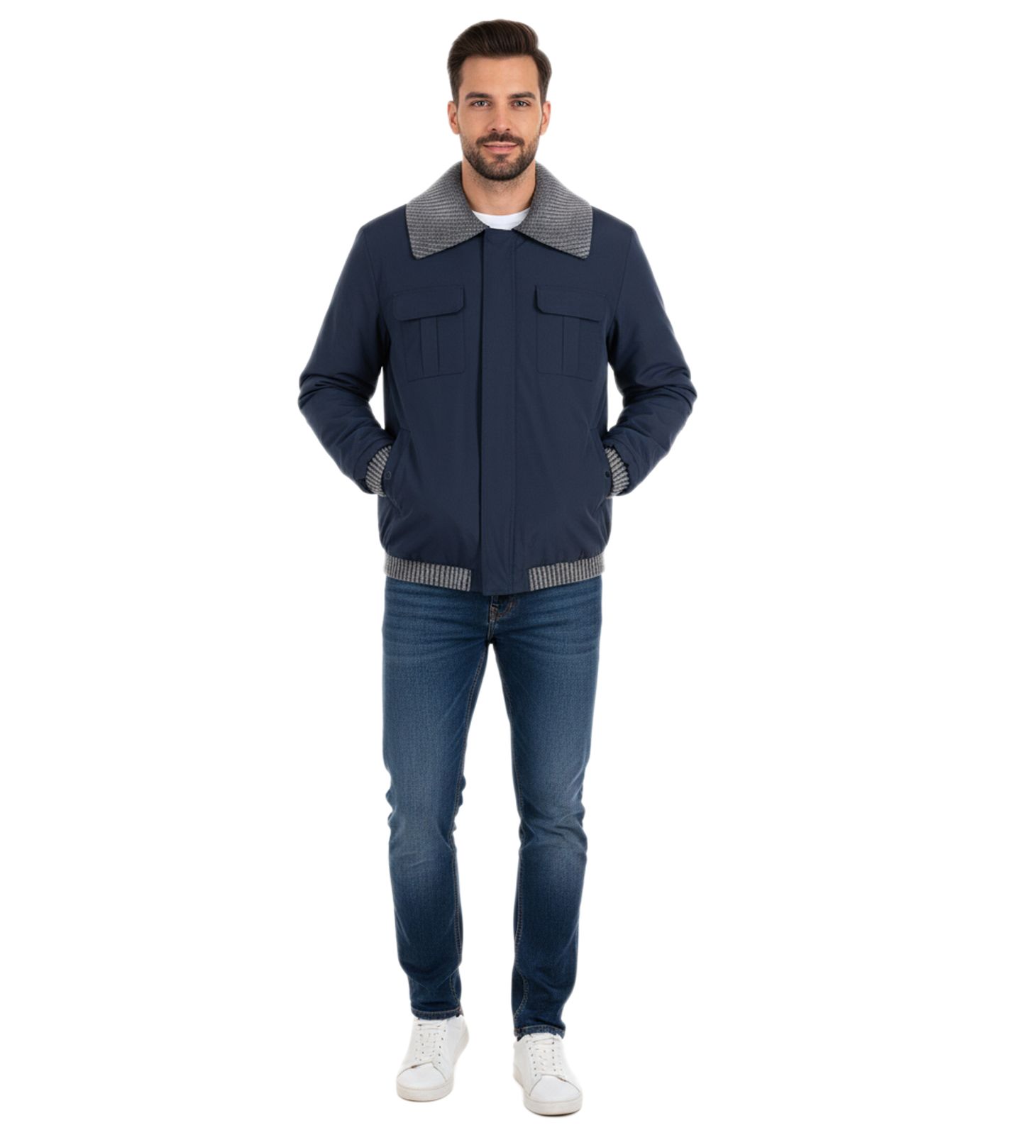 Herren Übergangs-Jacke mir gerippten Details schlichte Alltags-Jacke 904745 Blau/Grau