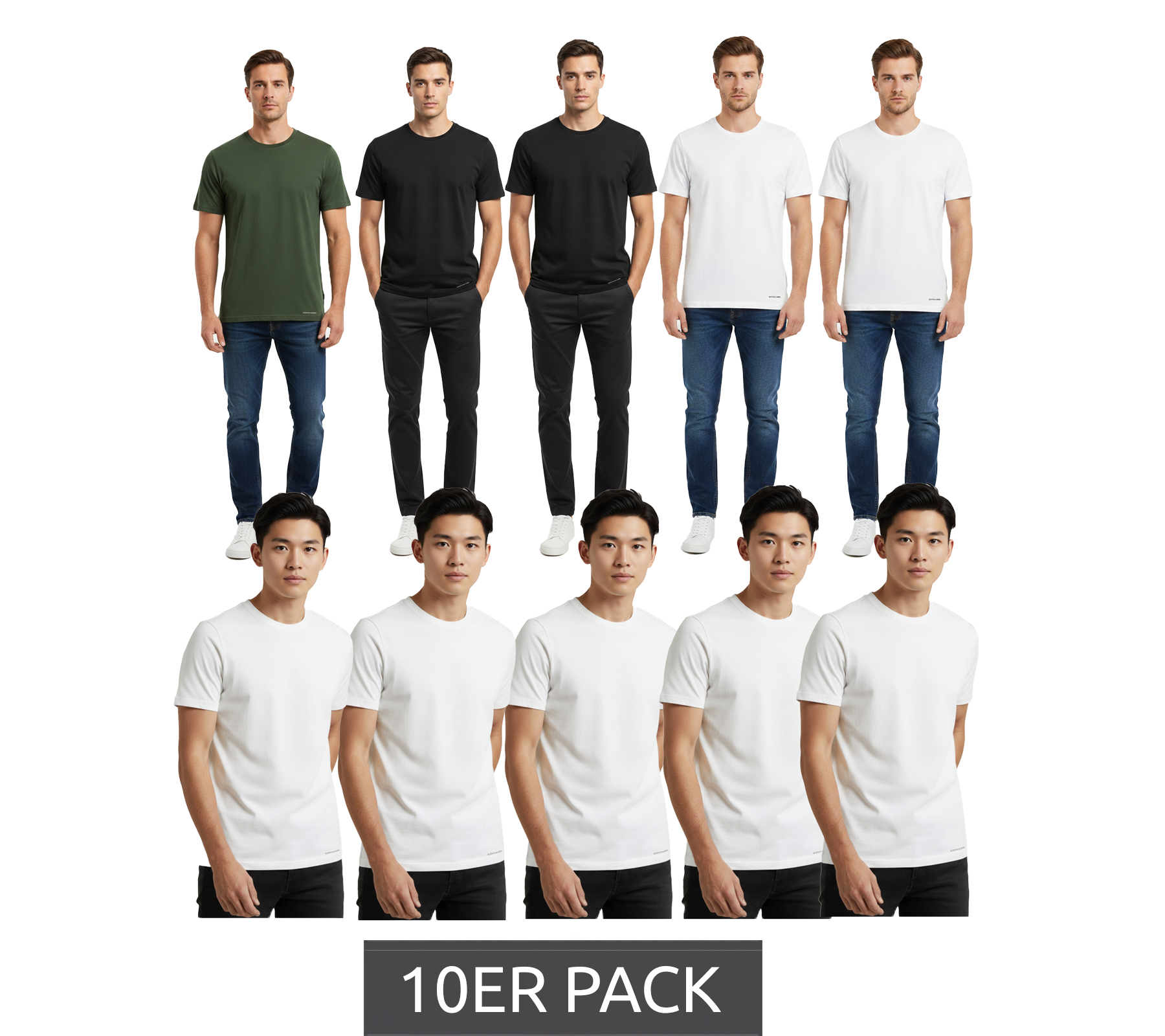 Hochwertiges 10er Sparpack SCOTCH & SODA Crew Neck Herren T-Shirt Basic-Shirt Unterziehshirt Baumwoll-Shirt SSFA25M2312806 in Weiß oder Schwarz/Weiß/Grün