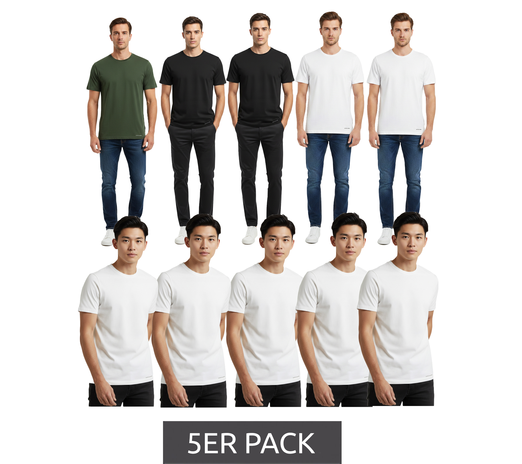 Hochwertiges 5er Pack SCOTCH & SODA Crew Neck Herren T-Shirt Basic-Shirt Unterziehshirt Baumwoll-Shirt SSFA25M2312806 in Weiß oder Schwarz/Weiß/Grün