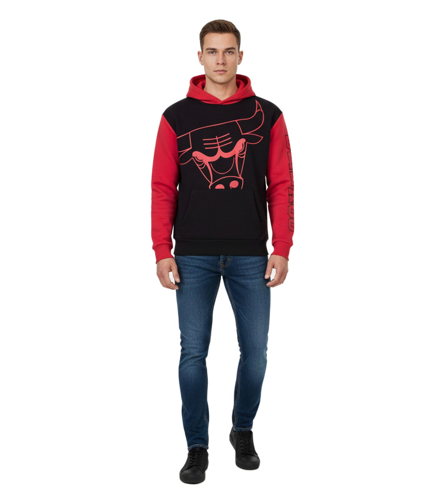 Hollister X NBA Chicago Bulls Herren Hoodie mit großem Chicago-Bulls Logo-Print Baumwoll-Pullover 322-221-1590-905 Schwarz/Rot