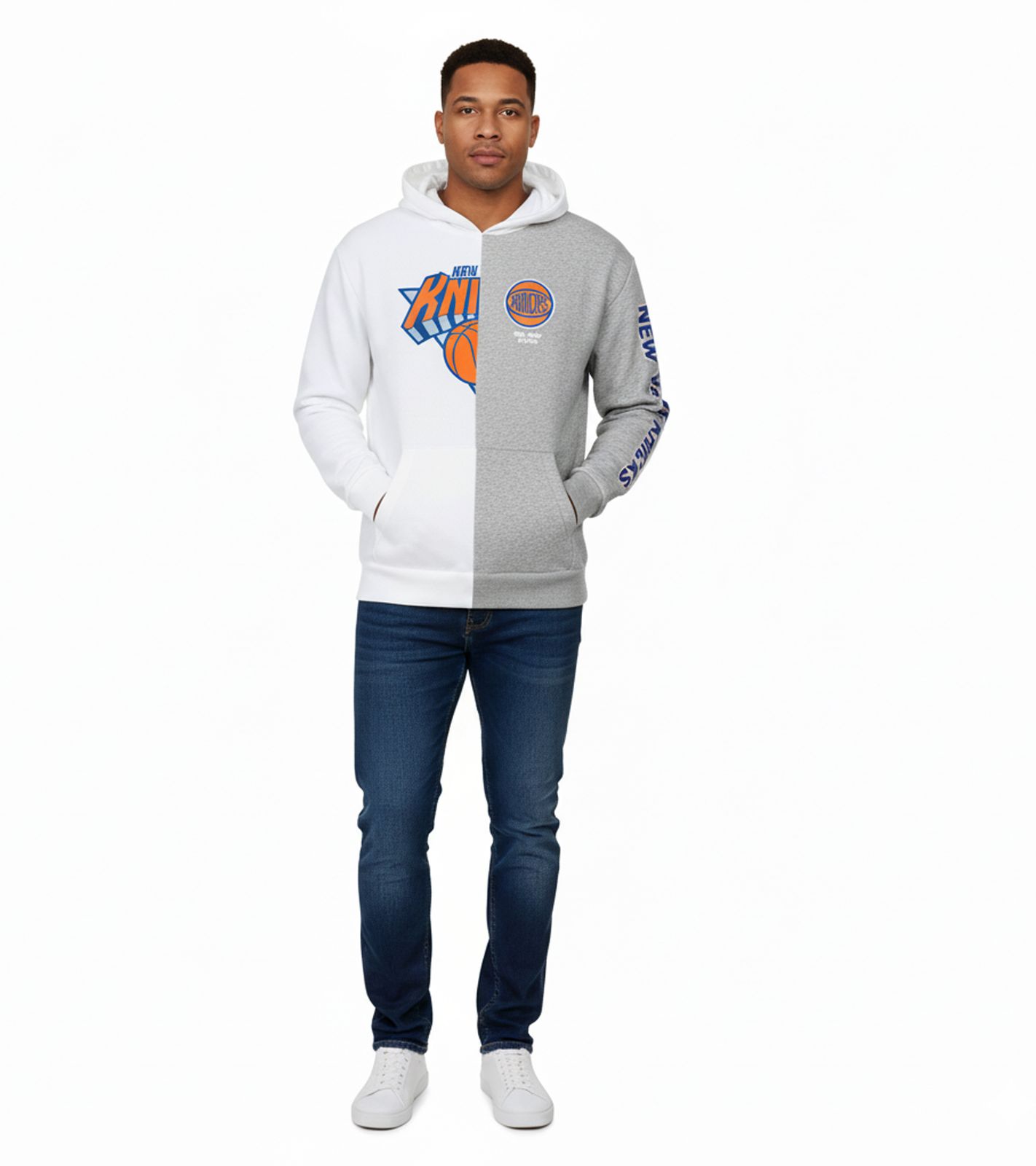 Hollister X NBA New York Knicks Herren Hoodie mit Team-Logo-Aufdruck Baumwoll-Pullover 322-221-1590-105 Grau/weiß
