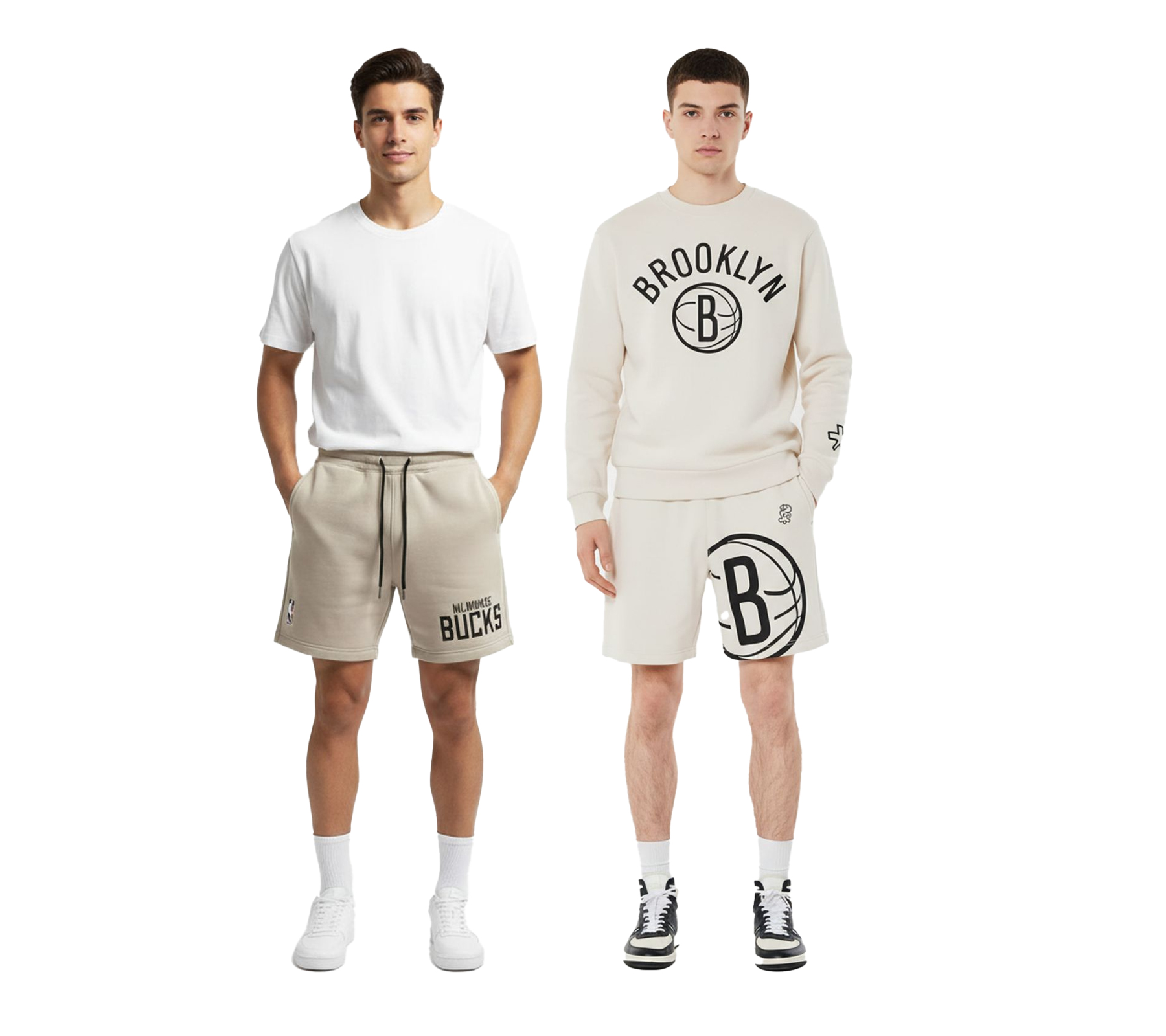 Hollister X NBA Sweat-Shorts mit Team-Logo-Print Sport-Hose Baumwoll-Hose 328-278-0257-401 vom Team Brooklyn Nets in Beige oder Milwaukee Bucks in Taupe