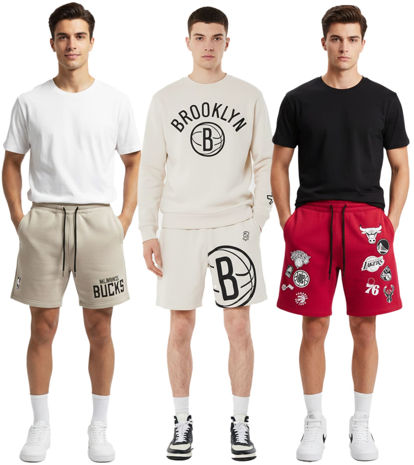 Hollister X NBA Sweat-Shorts mit Team-Logo-Prints Sport-Hose Baumwoll-Hose 328-278 verschiedene Modelle Brooklyn Nets (Beige), Milwaukee Bucks (Taupe) oder NBA-Team-Logos (Rot)