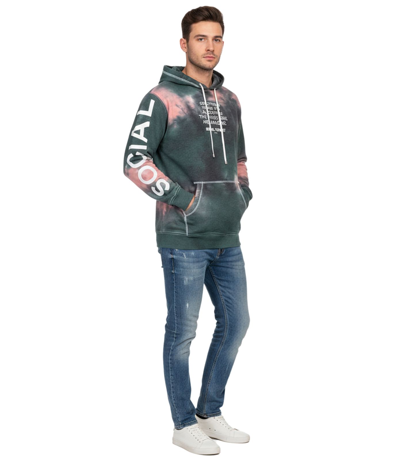 Hollister X Social Tourist Herren Hoodie mit Kapuze Baumwoll-Pullover im Batik-Look Oversized 365-352-0002-208 Grün/Rosa