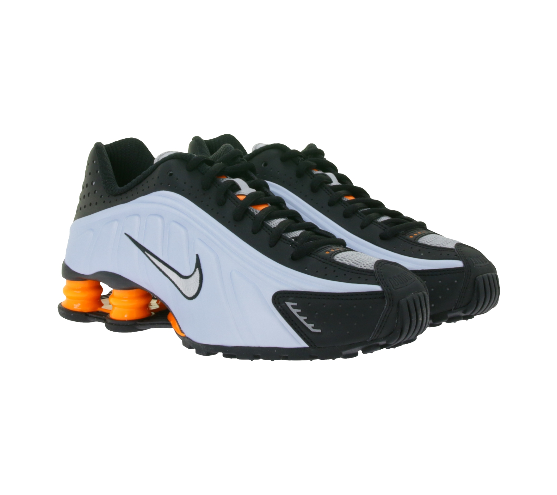 innovative NIKE Shox R4 Damen Low-Top-Sneaker mit Shox-Technologie Sport-Schuhe Lauf-Schuhe AR3565 401 Schwarz/Silber/Blau/Orange
