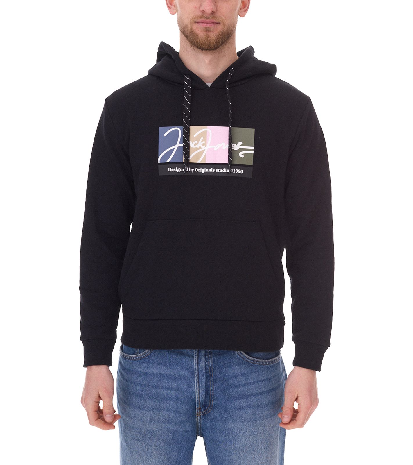 JACK & JONES Herren Kapuzen-Pullover mit Baumwollanteil Langarm-Shirt mit farblichen Akzenten 12262421 Schwarz