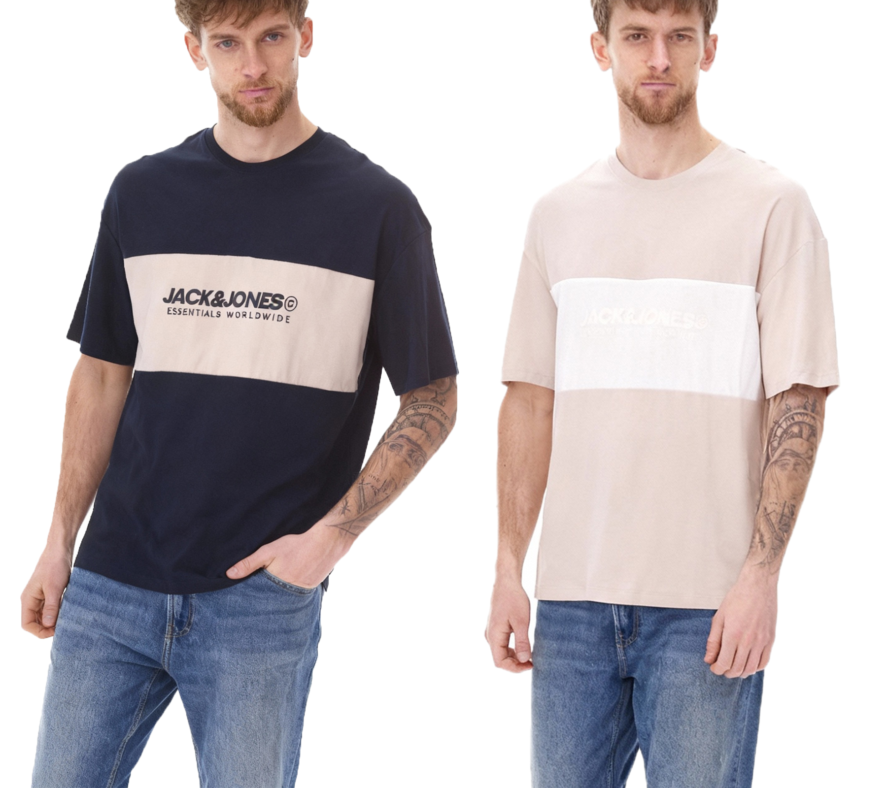 JACK & JONES Herren Rundhals-Shirt Baumwoll-Shirt T-Shirt Kurzarm-Shirt 12258883 Beige/Weiß oder Dunkelblau/Beige