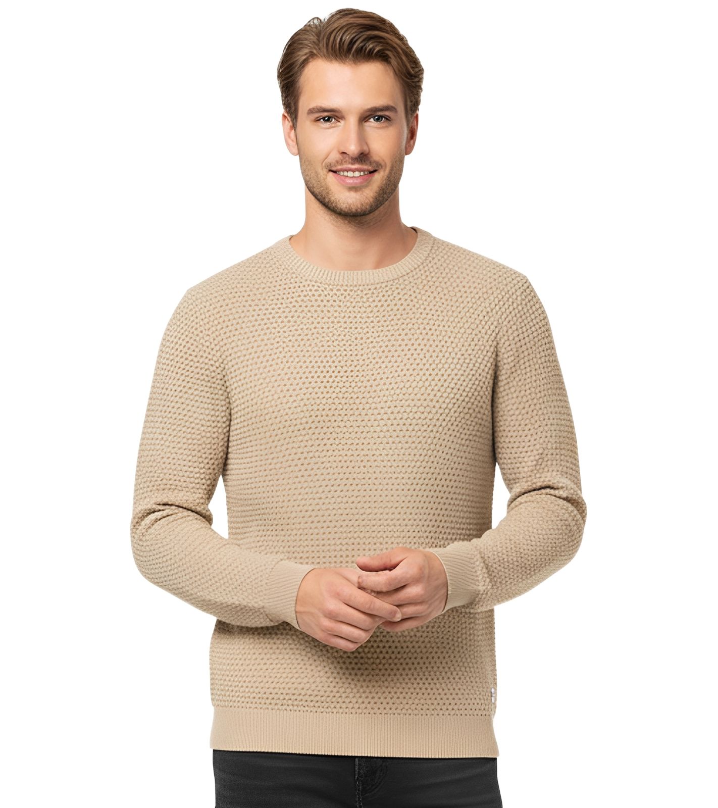JACK & JONES JJEATLAS Herren Strick-Pullover im strukturiertem Design Knit Crew Neck Baumwoll-Sweater 12212816 Beige