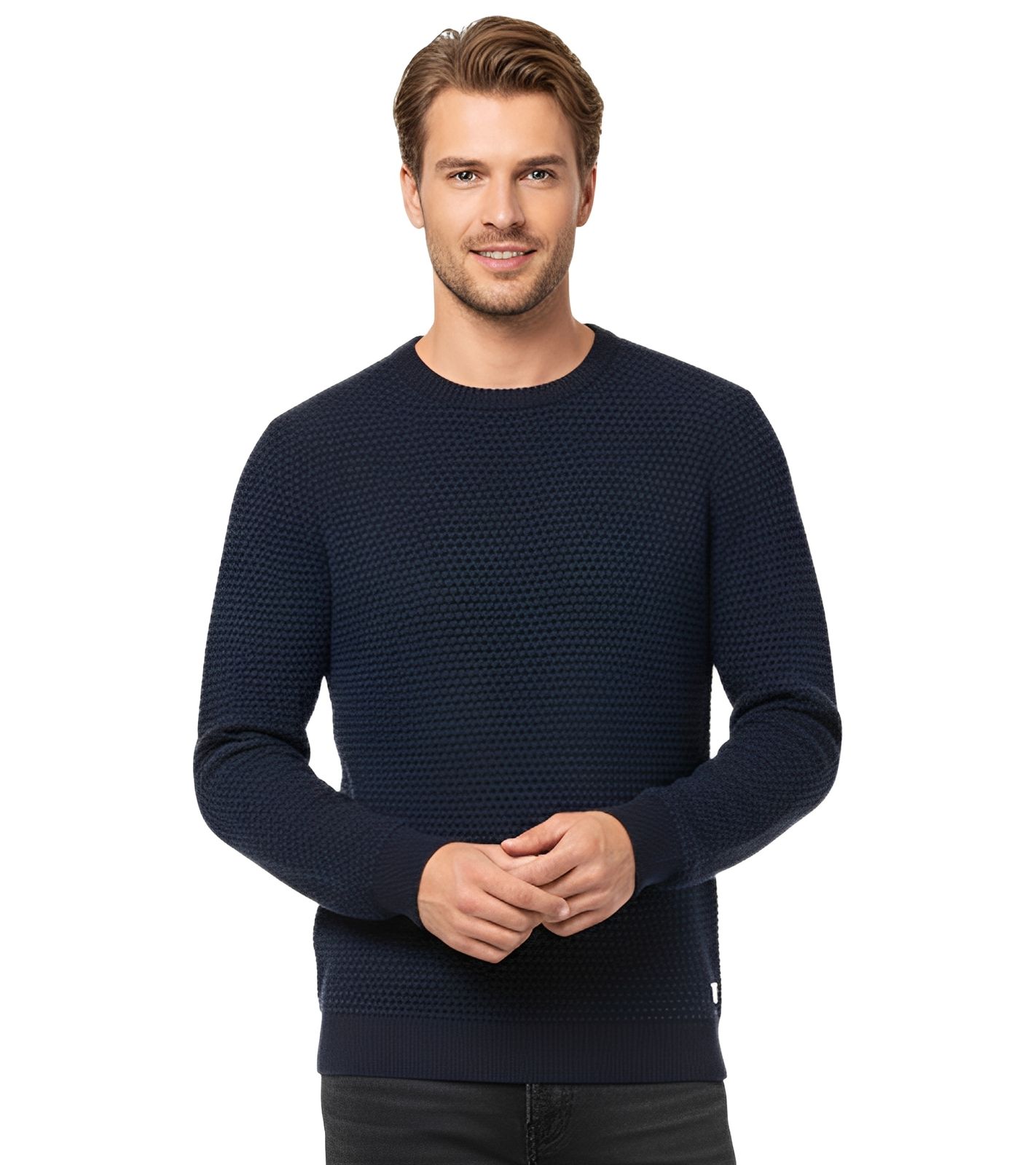 JACK & JONES JJEATLAS Herren Strick-Pullover im strukturiertem Design Knit Crew Neck Baumwoll-Sweater 12212816 Navy