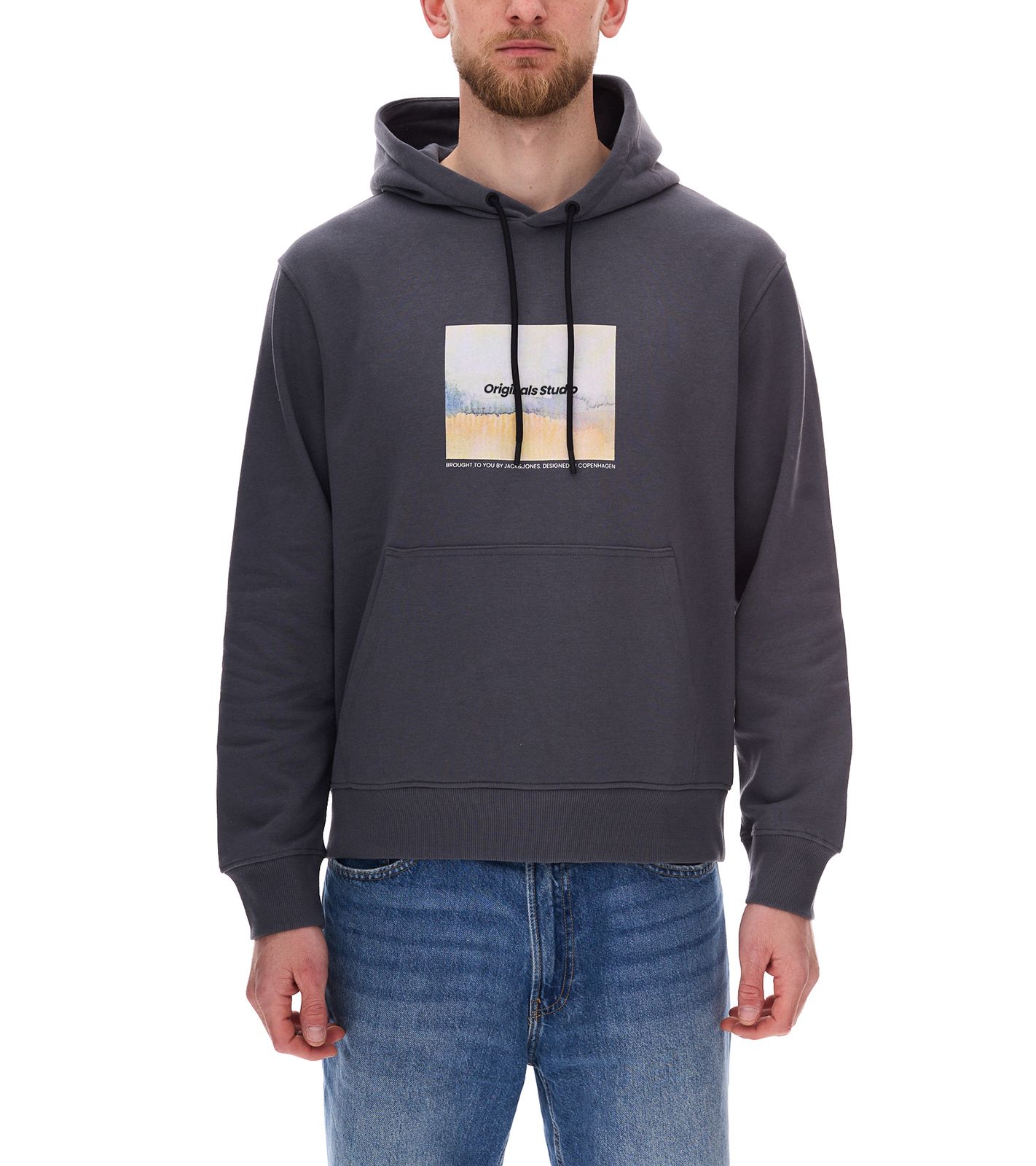JACK & JONES Esterbro Newton Herren Kapuzen-Pullover Baumwoll-Pullover mit Originals Studio Print 12266801 Grau