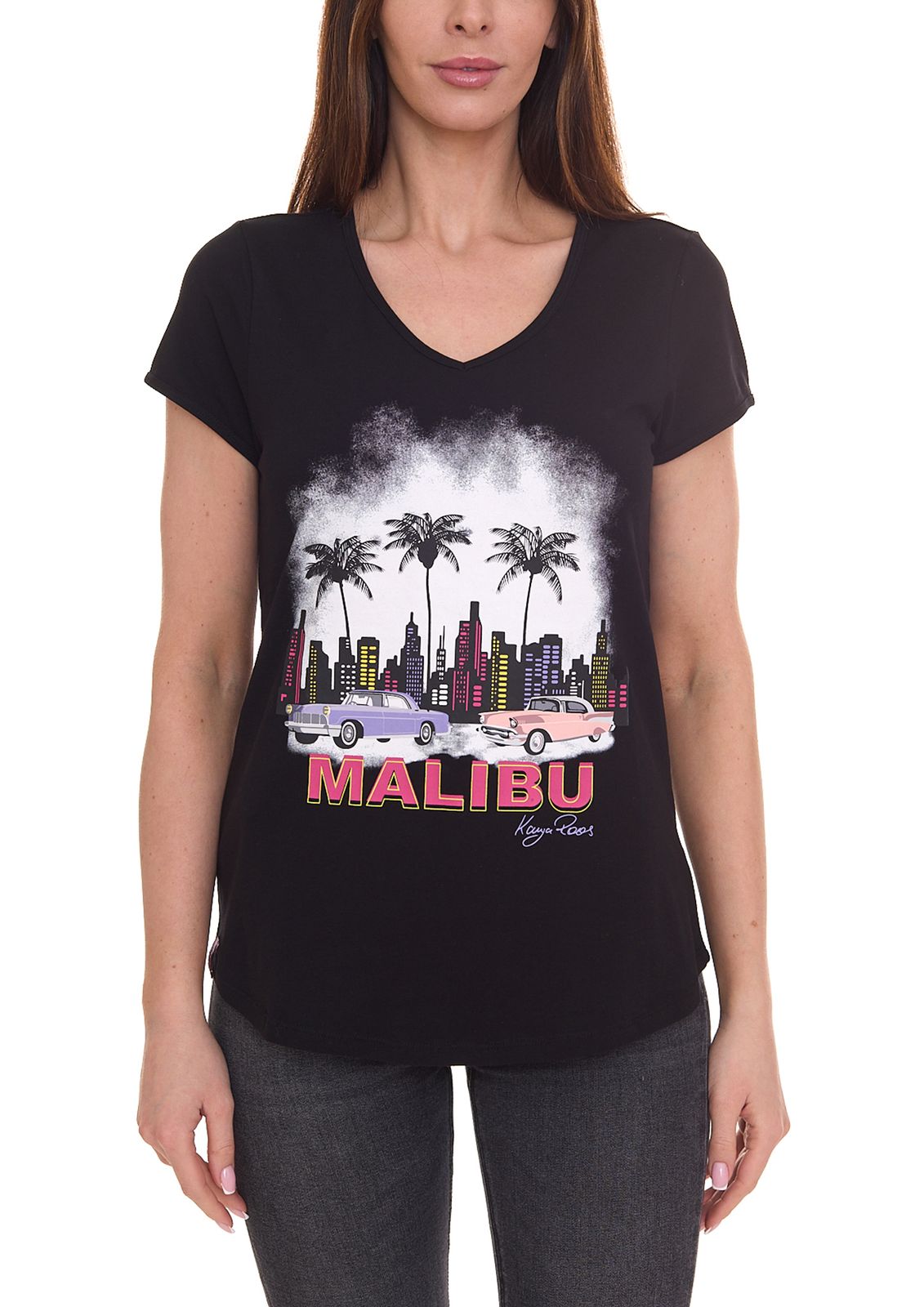 KangaROOS Damen Baumwoll-Shirt T-Shirt mit großem Aufdruck Auto-Shirt 20789732 Schwarz