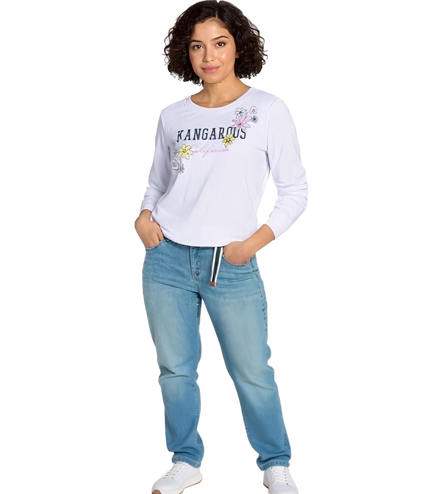 KangaROOS Damen Baumwoll-Sweatshirt mit Blumen-Print Langarm-Shirt Rundhals-Pullover 93201346 Weiß