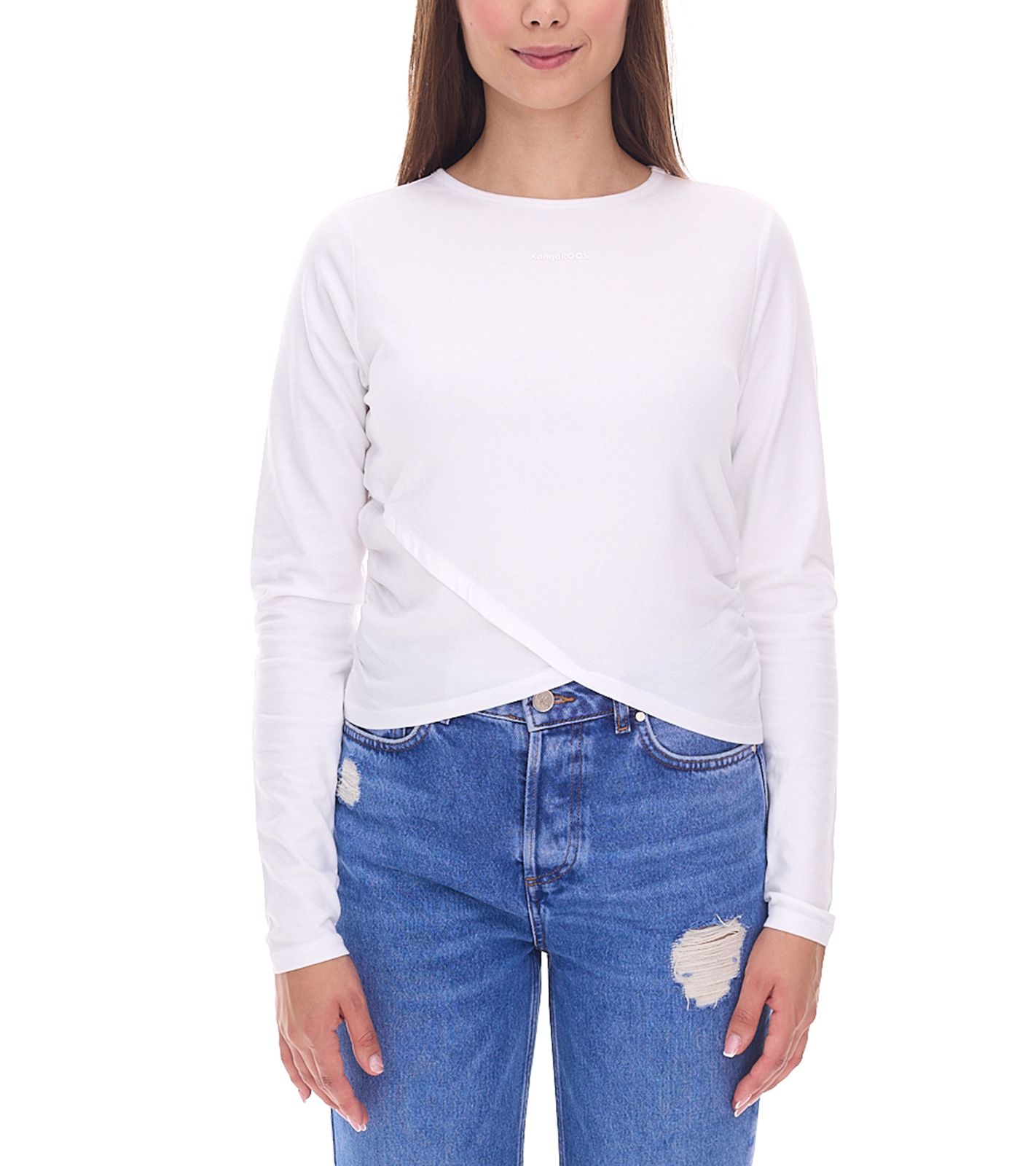 KangaROOS Damen Langarm-Shirt Cropped geschnitten Rundhals-Longsleeve in Wickeloptik Sweatshirt 90315813 Weiß