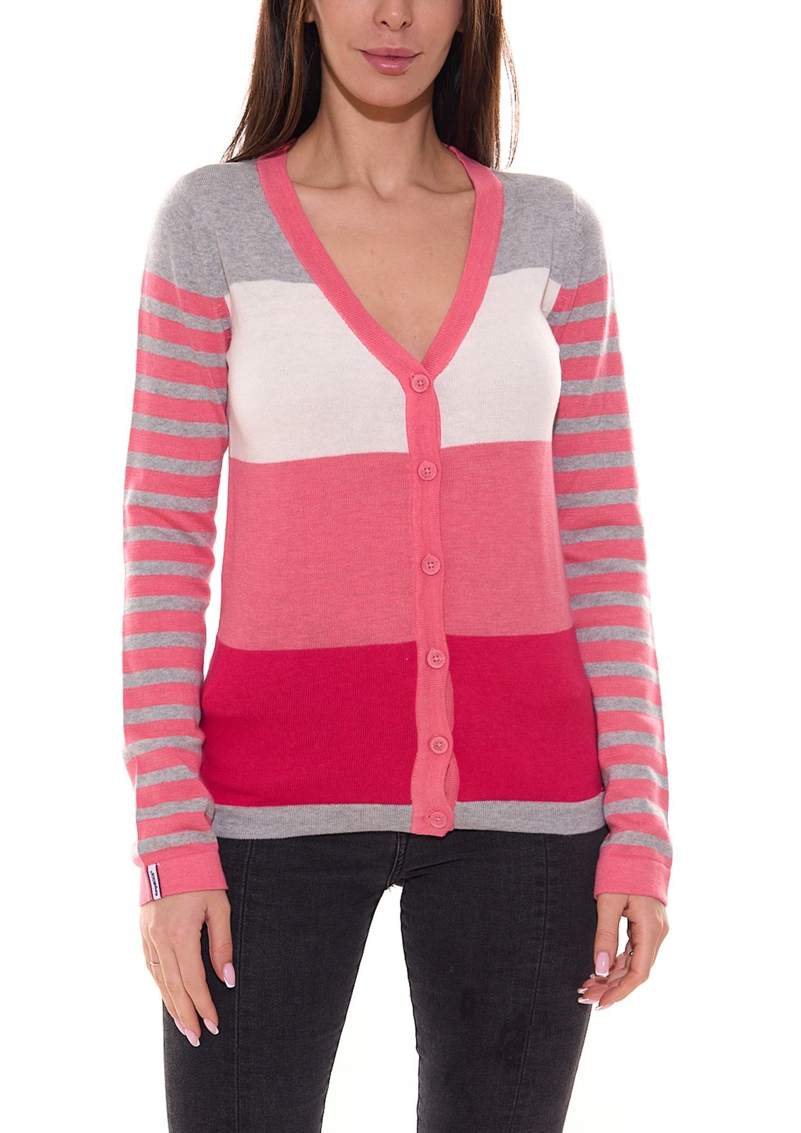 KangaROOS Damen Strickjacke Feinstrick-Jacke im Colour-Block Design 53550801 Rosa/Grau