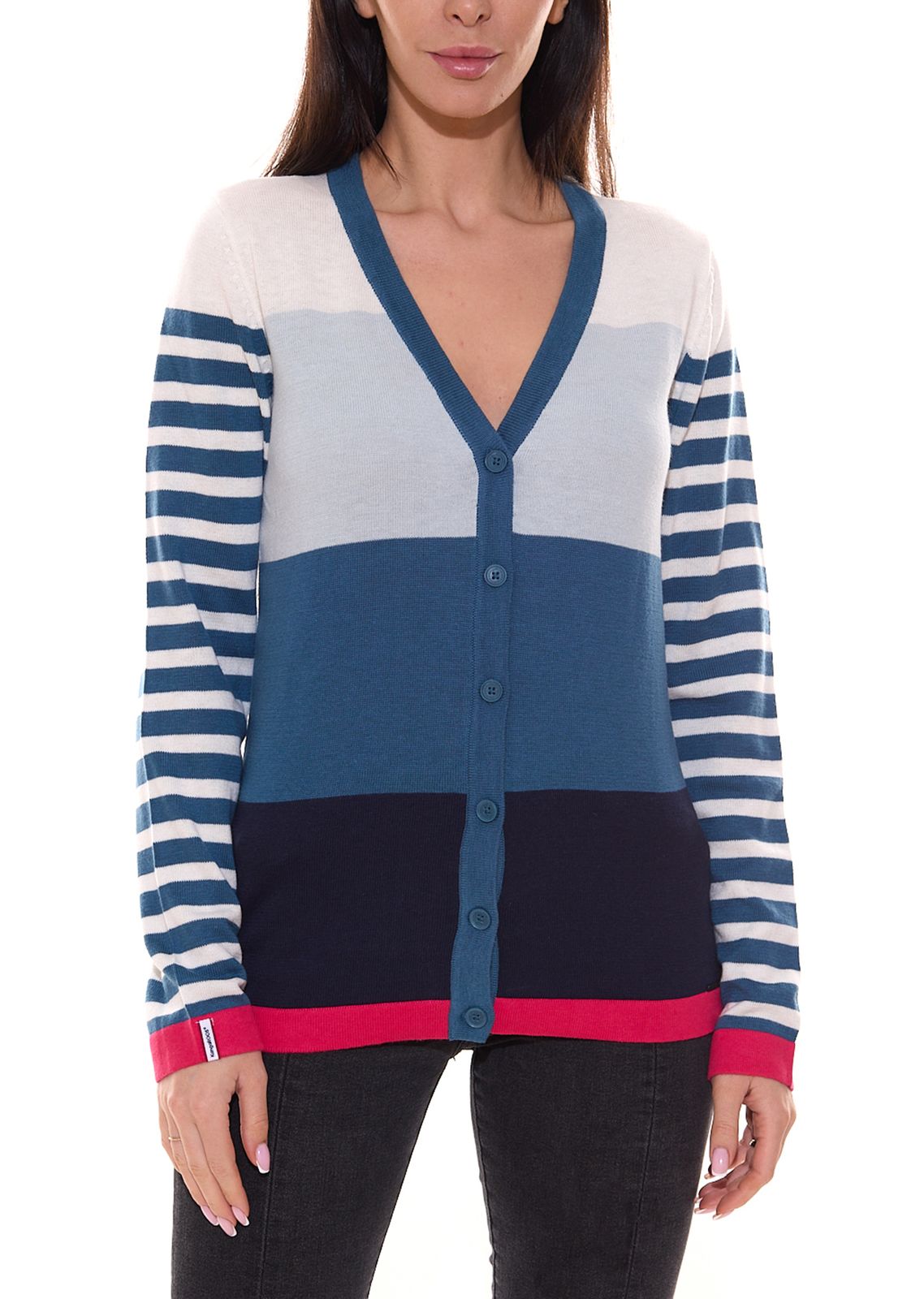 KangaROOS Damen Strickjacke Feinstrick-Jacke im Colour-Block Design 66591238 Blau/Pink