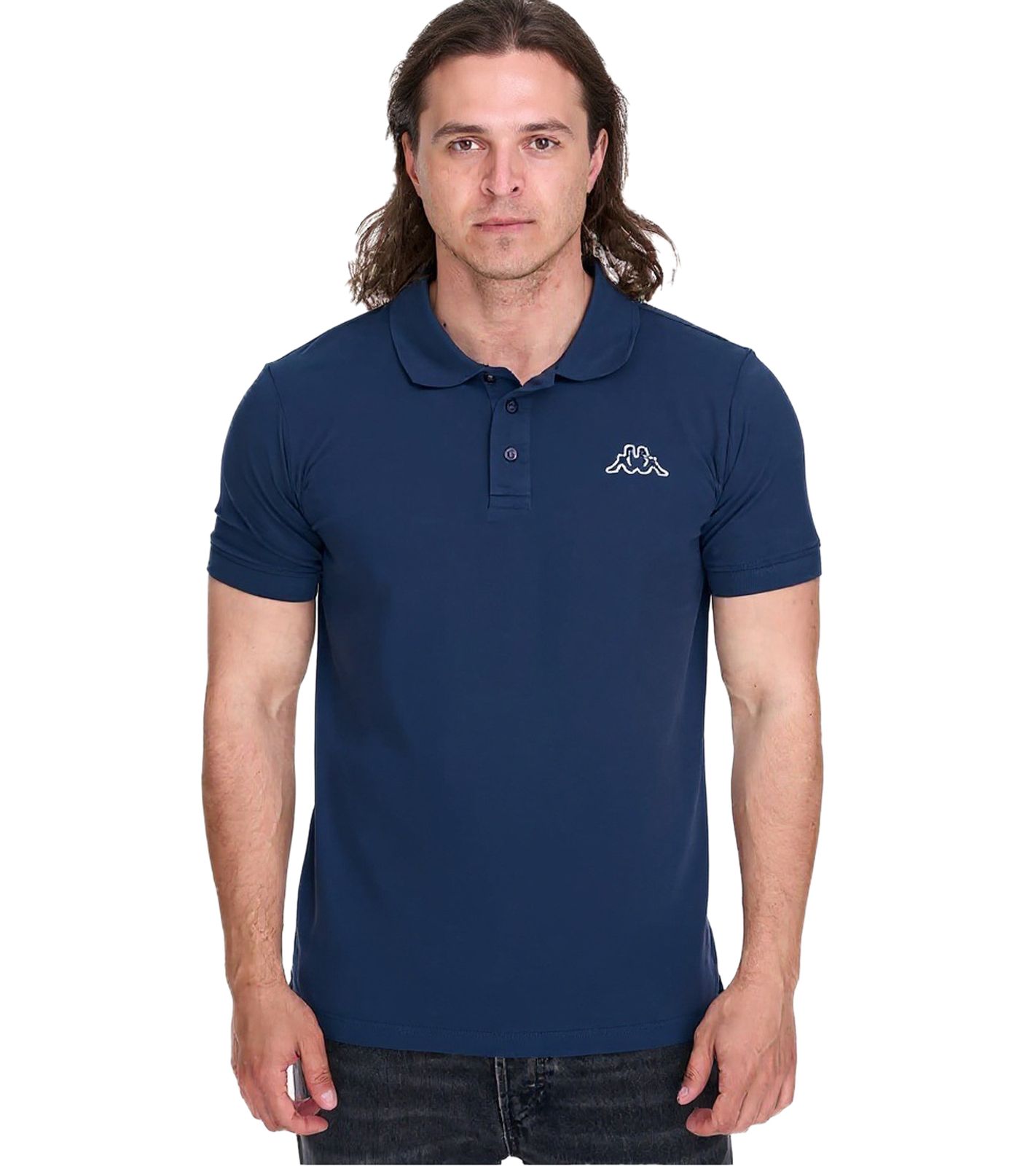 Kappa Herren Baumwoll-Polo mit kleiner Stickerei Polo-Shirt Kurzarm-Shirt Pique-Strick 303173NC A05 Dunkelblau