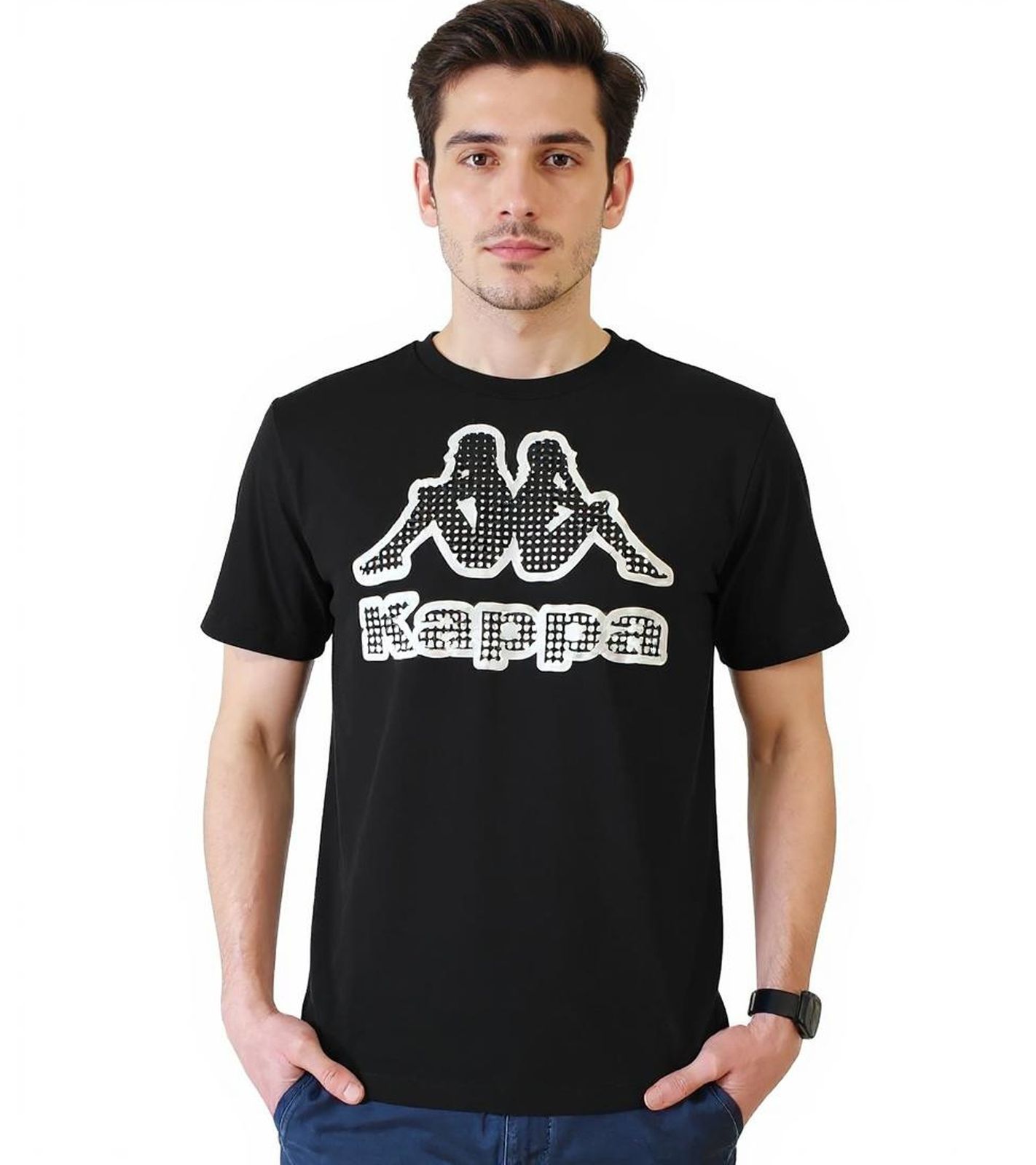 Kappa Herren Baumwoll-Shirt mit großem Logo Rundhals-Shirt Kurzarm-Shirt T-Shirt Oeko-Tex 100 zertifiziert 7085/8191-001 Schwarz