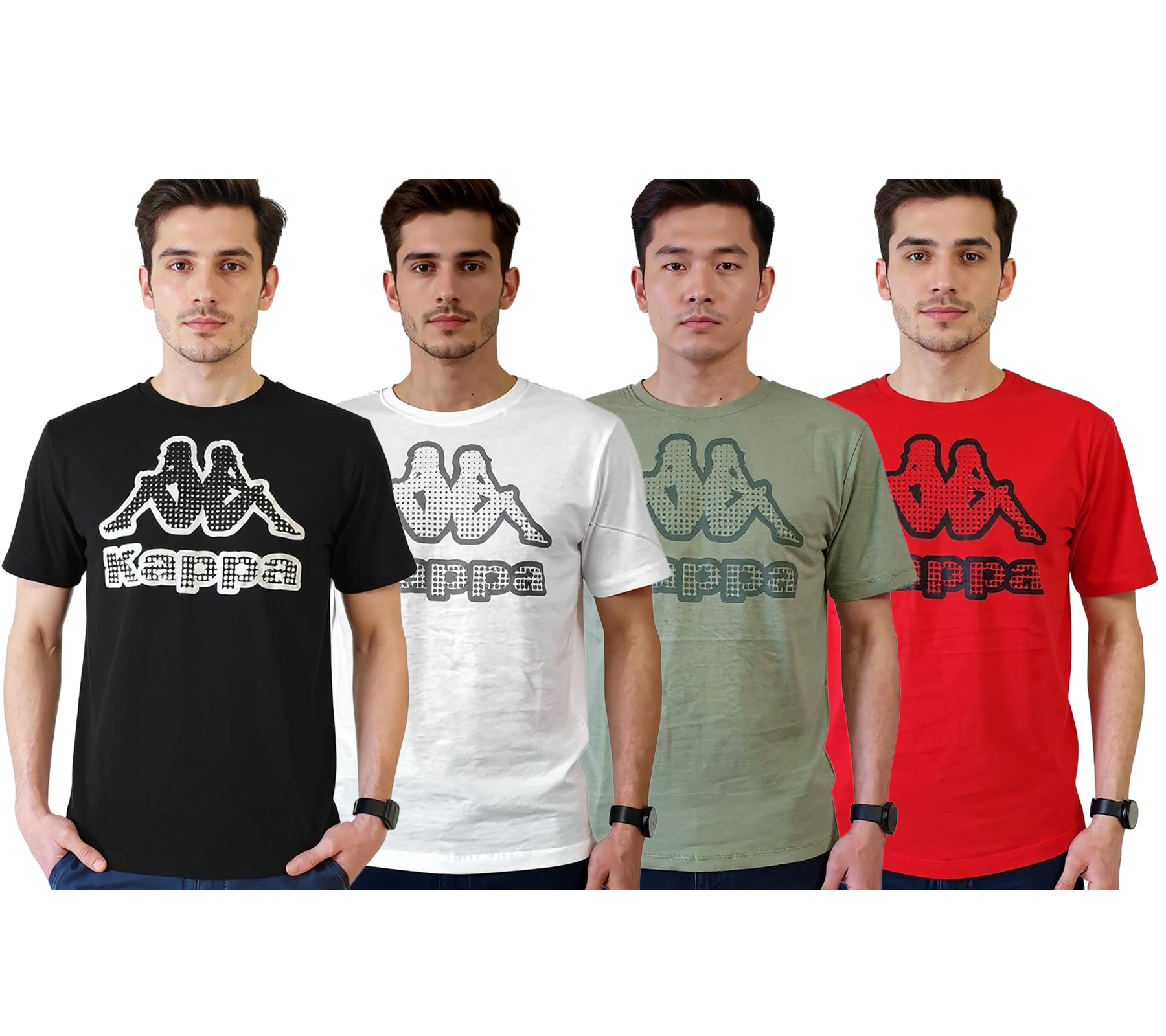 Kappa Herren Baumwoll-Shirt mit großem Logo Rundhals-Shirt Kurzarm-Shirt T-Shirt Oeko-Tex 100 zertifiziert 7085/8191 Schwarz, Grün, Weiß oder Rot