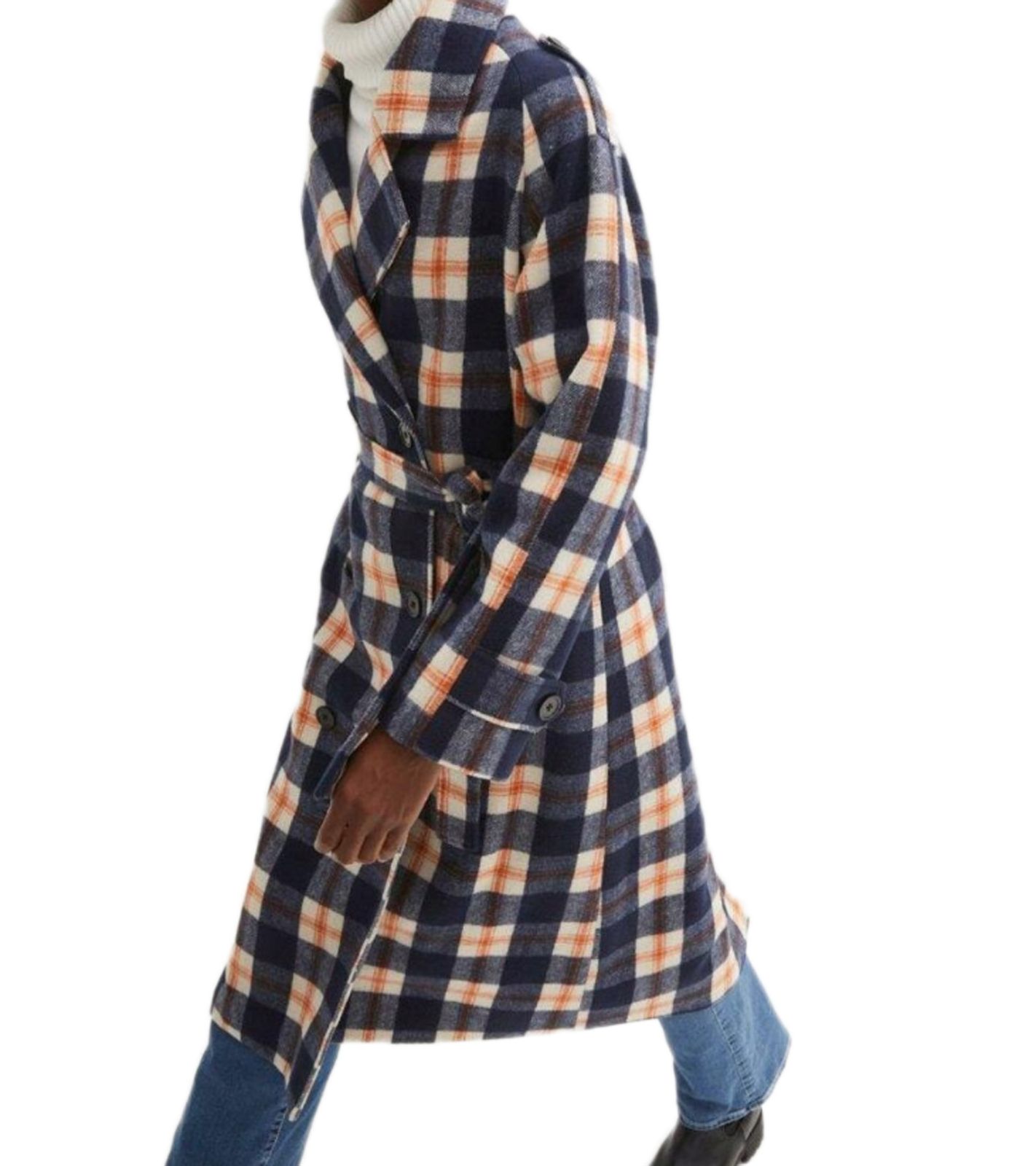 karierter Damen Herbst-Mantel mit Gürtel Alltags-Mantel Basic-Mantel Langarm-Jacke 940534 Blau/Orange