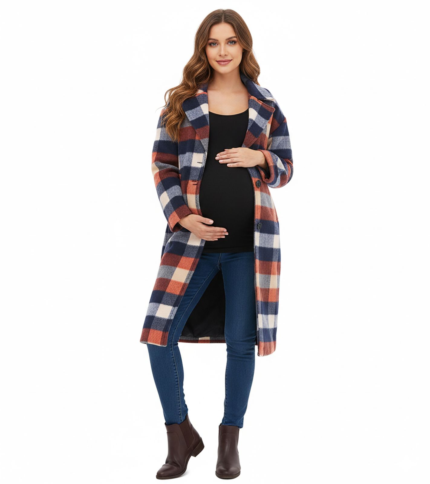 karierter Damen Mantel Umstandsmode Schwangerschafts-Jacke nachhaltige Jacke 943562 Blau/Rot/Beige
