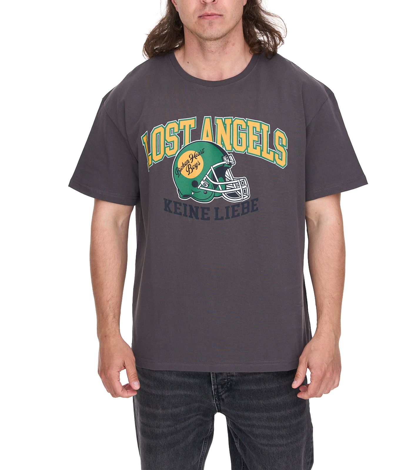 KEINE LIEBE Ballhead Herren Baumwoll-Shirt mit LOST ANGELES Schriftzug T-Shirt Rundhals-Shirt Kurzarm-Shirt KLTS1011GRY Grau/Grün/Orange