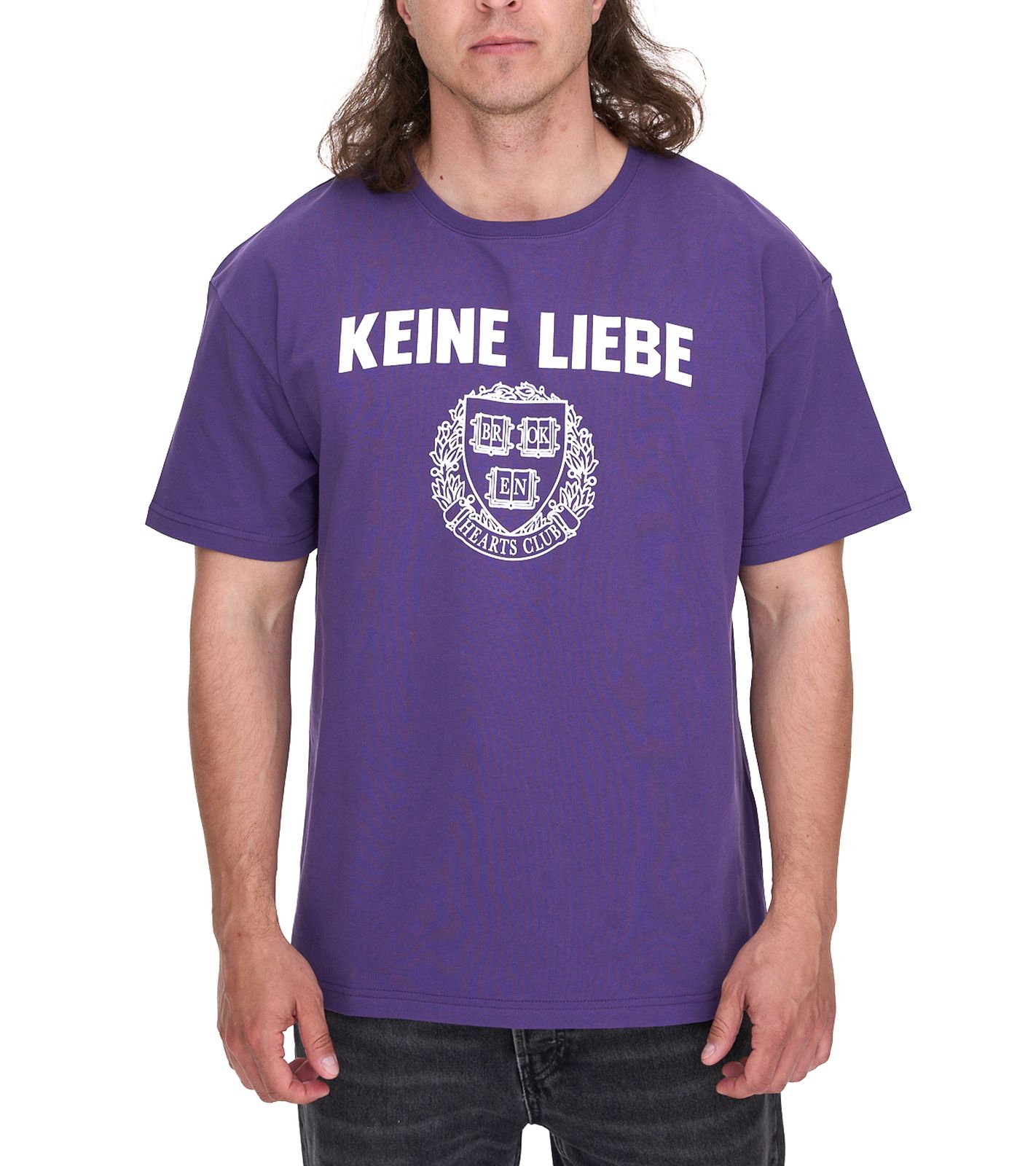 KEINE LIEBE Herren Baumwoll-Shirt mit Brocken-Heart-Club Wappen T-Shirt Rundhals-Shirt Kurzarm-Shirt KLTS1009 Violett/Weiß