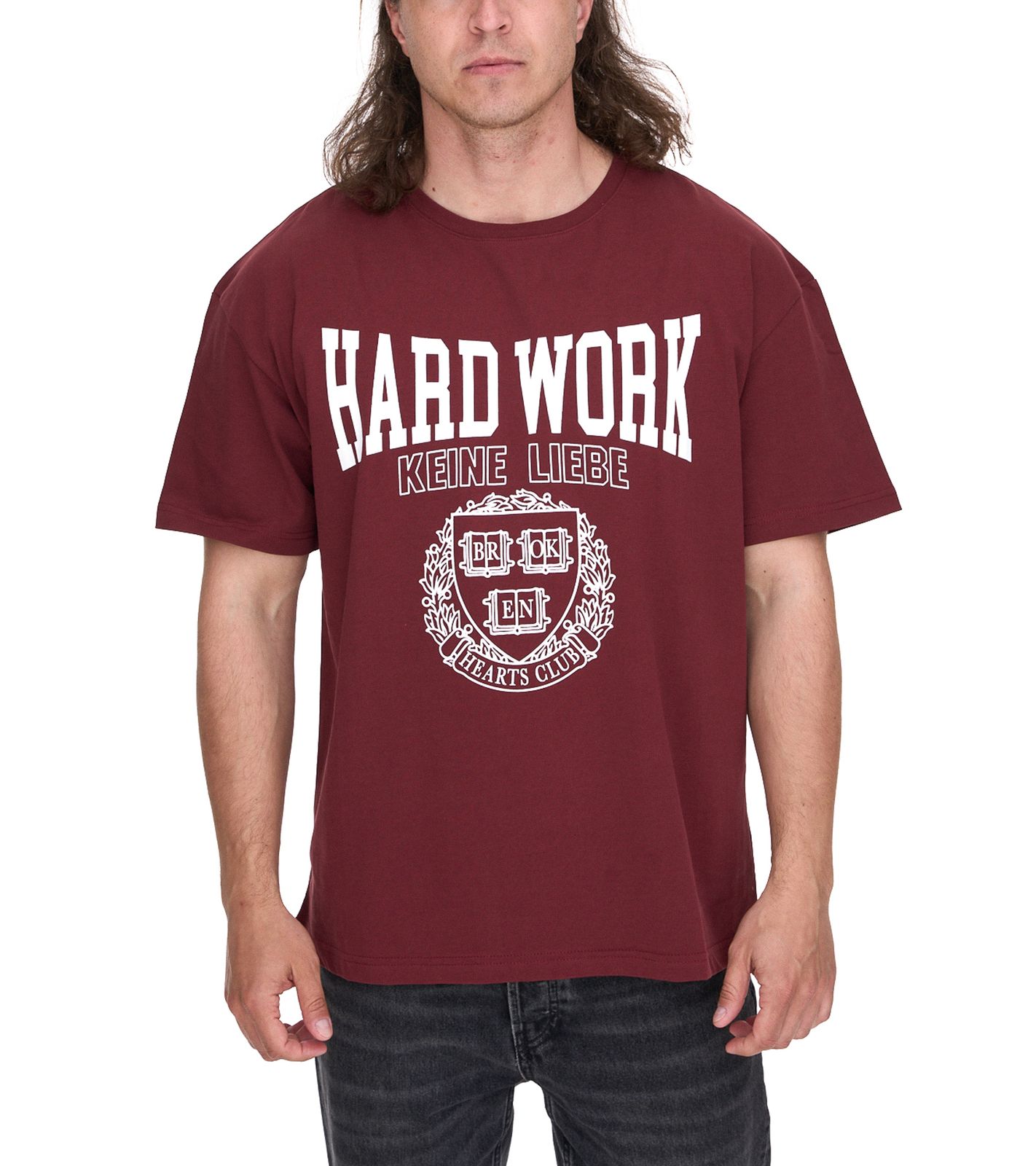 KEINE LIEBE Herren Baumwoll-Shirt mit Hard Work Schriftzug T-Shirt Rundhals-Shirt Kurzarm-Shirt KLTS1008 Rot/Weiß