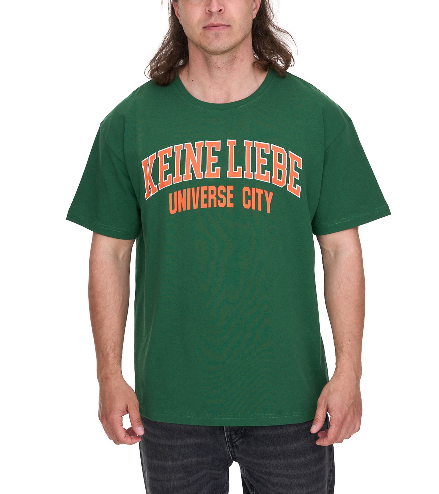 KEINE LIEBE Universe City Herren Baumwoll-Shirt mit farblichen Akzenten T-Shirt Rundhals-Shirt Kurzarm-Shirt KLTS1010 Grün/Orange