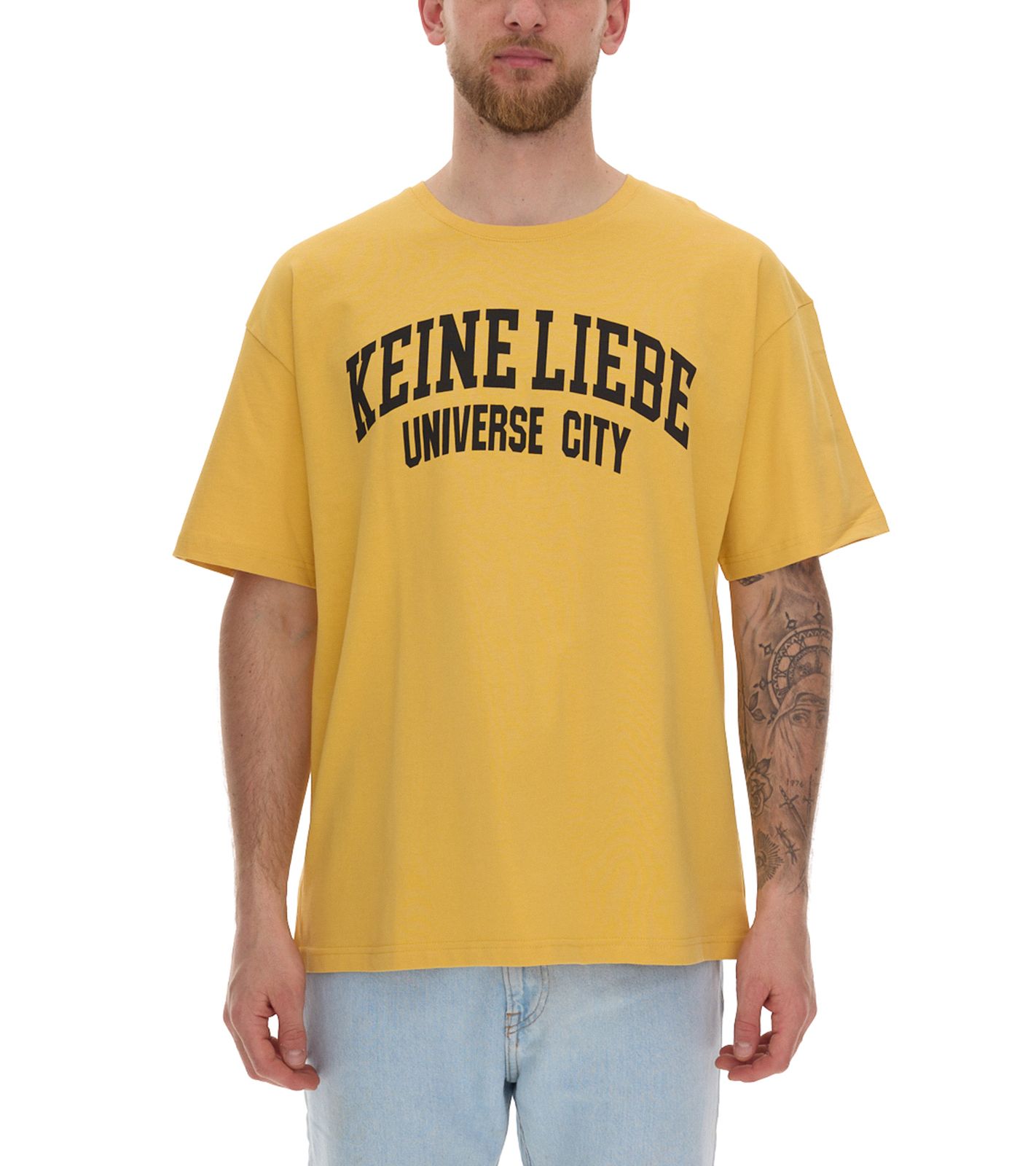 KEINE LIEBE Universe City Herren Baumwoll-Shirt mit farblichen Akzenten T-Shirt Rundhals-Shirt Kurzarm-Shirt KLTS1012YEL Gelb/Schwarz