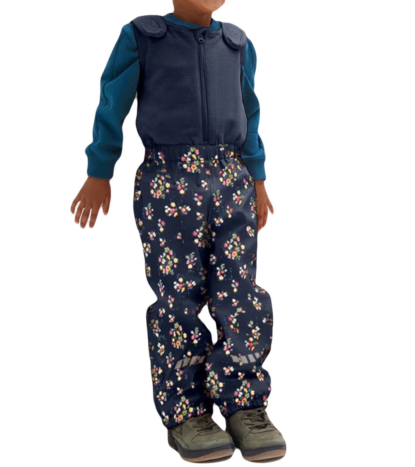 Kinder Regenhose mit reflektierenden Streifen Thermo-Latzhose für Jungen und Mädchen mit Blumen Muster Matsch-Hose Buddelhose 903967 Dunkel-Blau
