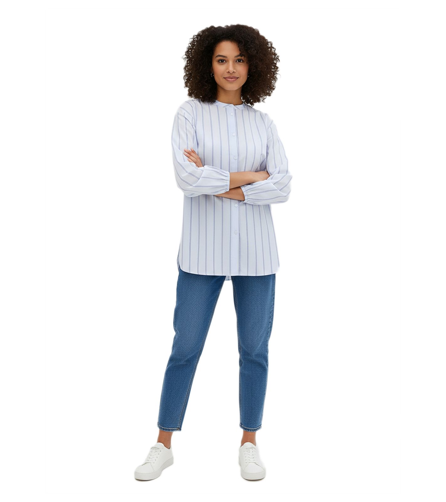 klassische Damen Bluse Popeline-Bluse aus reiner Baumwolle mit Stehkragen Langarm-Shirt 979642 Hellblau