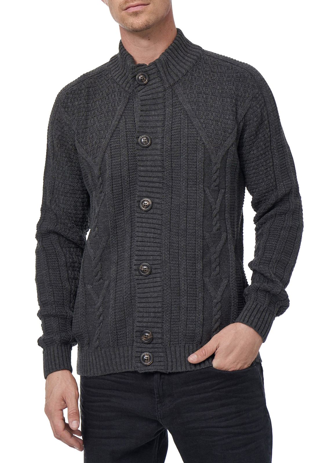 Klassische Herren Grobstrick Strick-Jacke mit Stehkragen und Knopfleiste Struktur-Cardigan 13401 Anthrazit