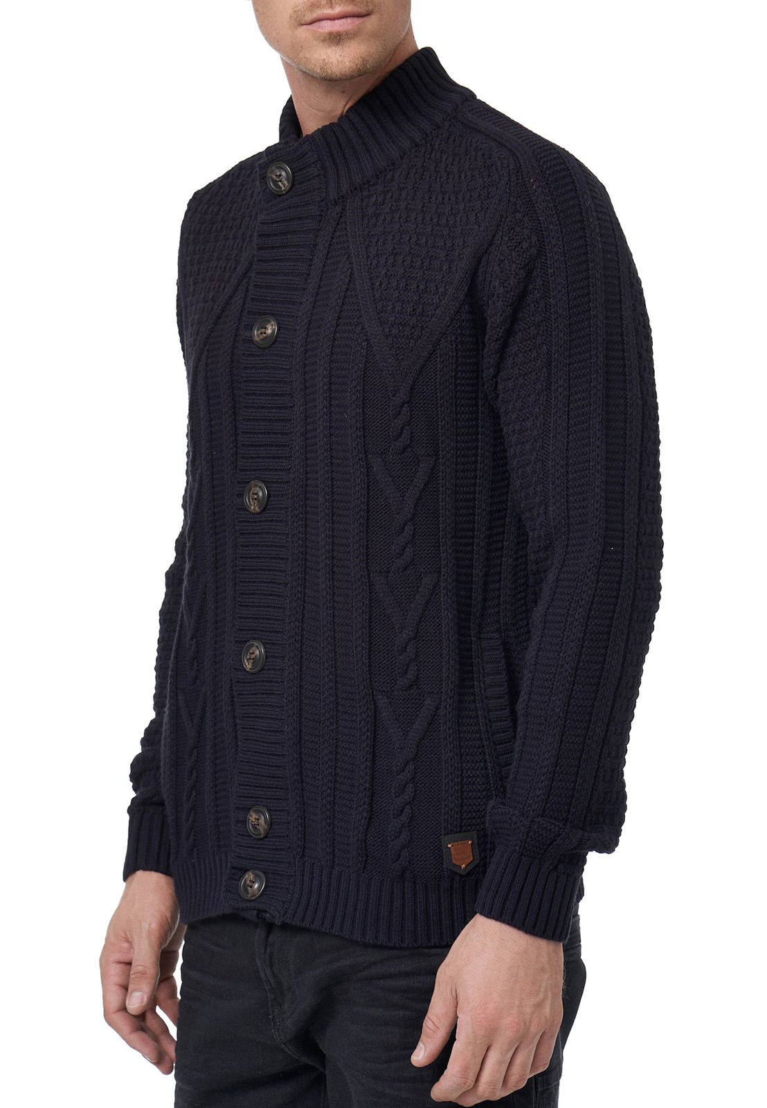 Klassische Herren Grobstrick Strick-Jacke mit Stehkragen und Knopfleiste Struktur-Cardigan 13401 Marine