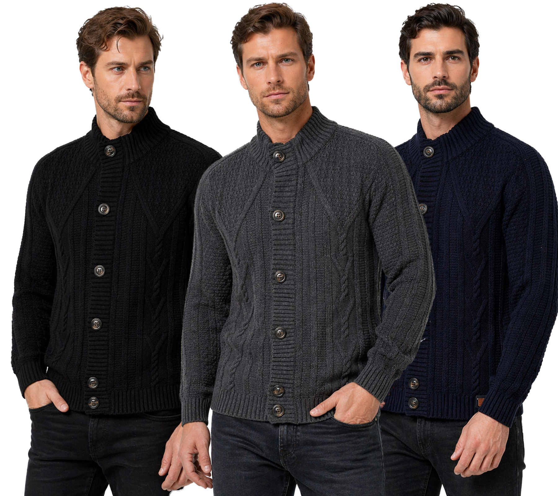 Klassische Herren Grobstrick Strick-Jacke mit Stehkragen und Knopfleiste Struktur-Cardigan 13401 Schwarz, Marine-Blau oder Grau