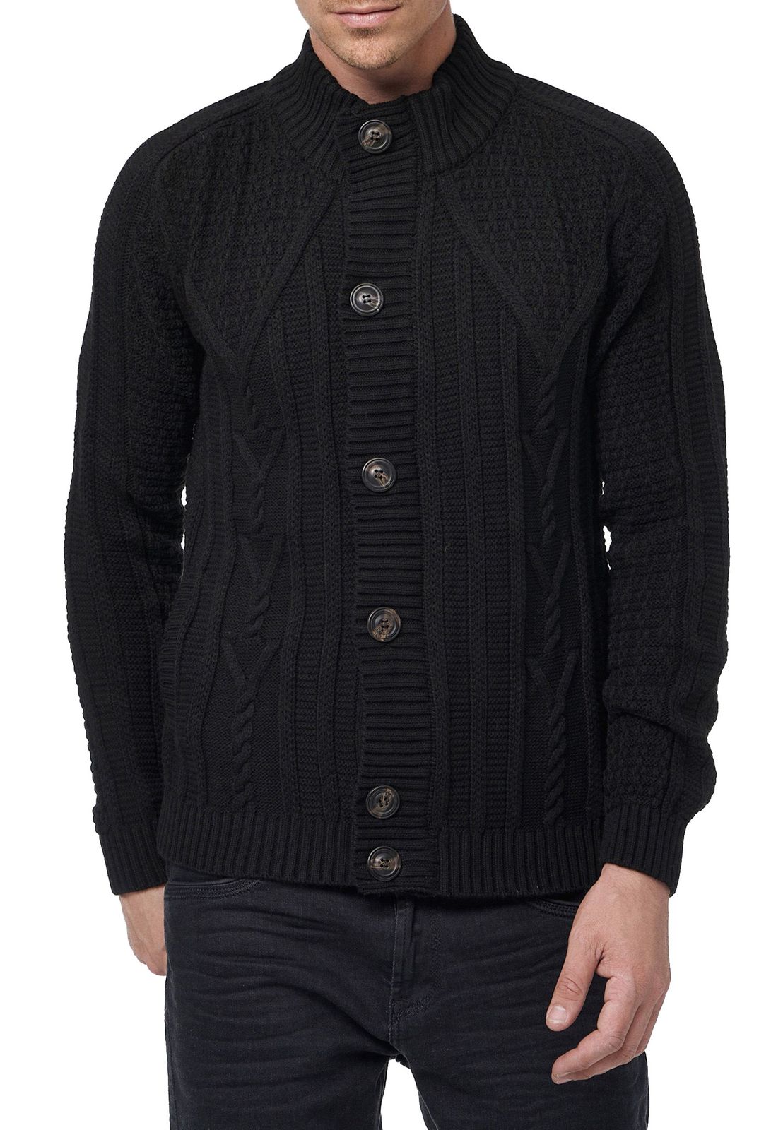 Klassische Herren Grobstrick Strick-Jacke mit Stehkragen und Knopfleiste Struktur-Cardigan 13401 Schwarz