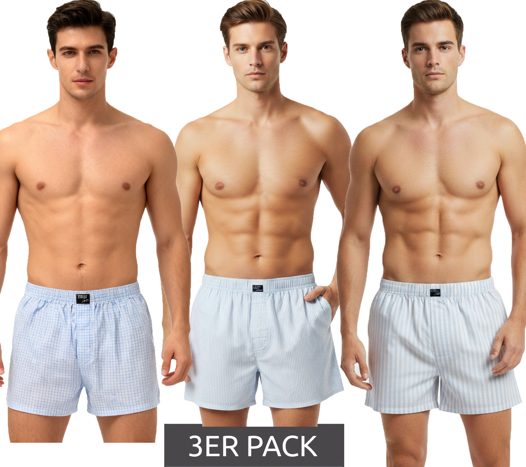 klassisches 3er Pack TRUE style Herren Boxershorts nachhaltige Baumwoll-Shorts 8975684 Blau/Weiß-gestreift/kariert