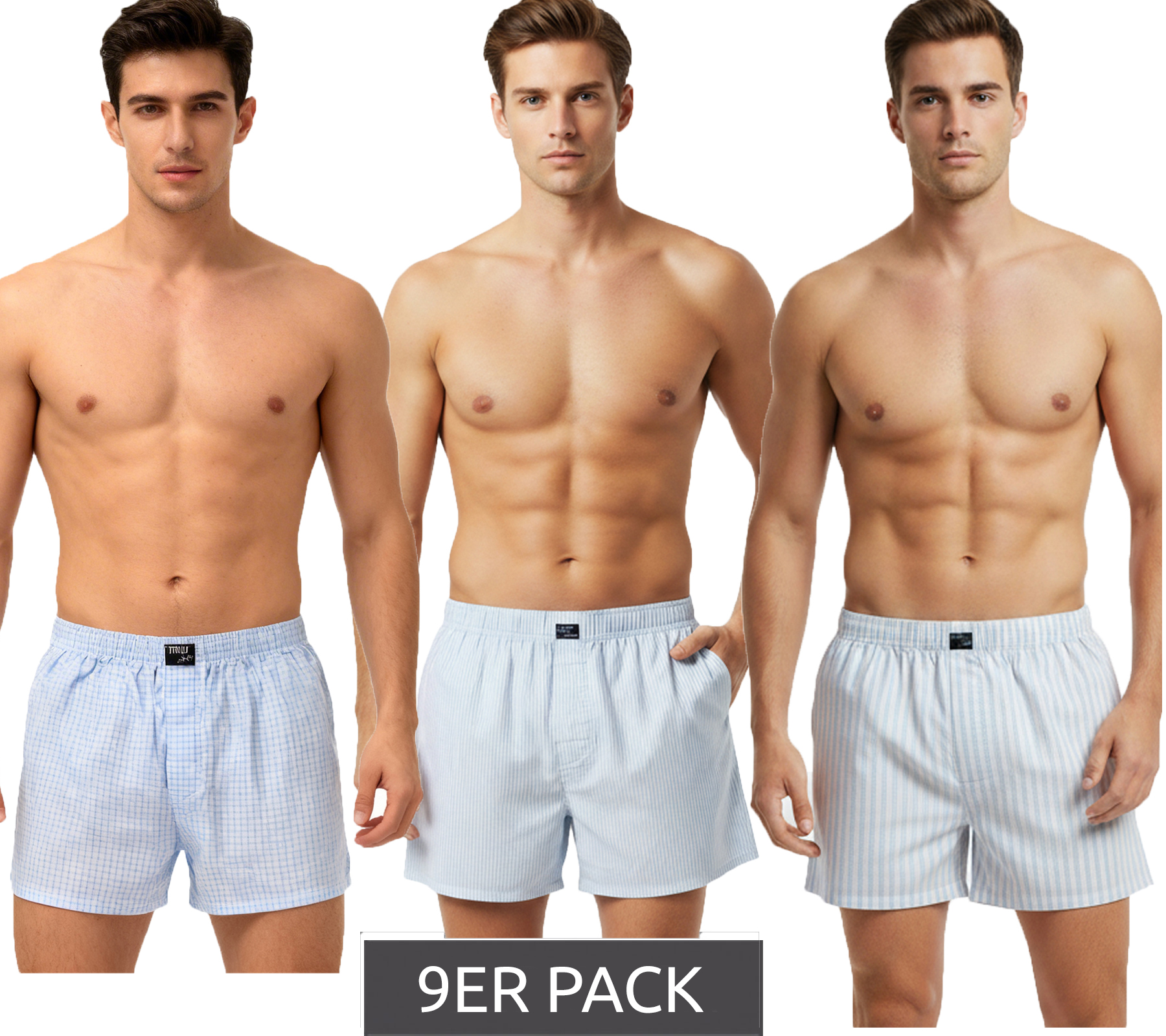 klassisches 9er Pack TRUE style Herren Boxershorts nachhaltige Baumwoll-Shorts 8975684 Blau/Weiß-gestreift/kariert