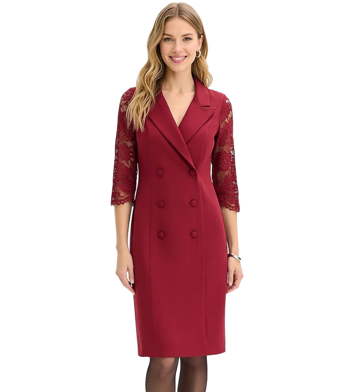 klassisches Damen Business-Kleid Mini-Kleid mit Spitze und doppelreihiger Knopfleiste 921519 Weinrot