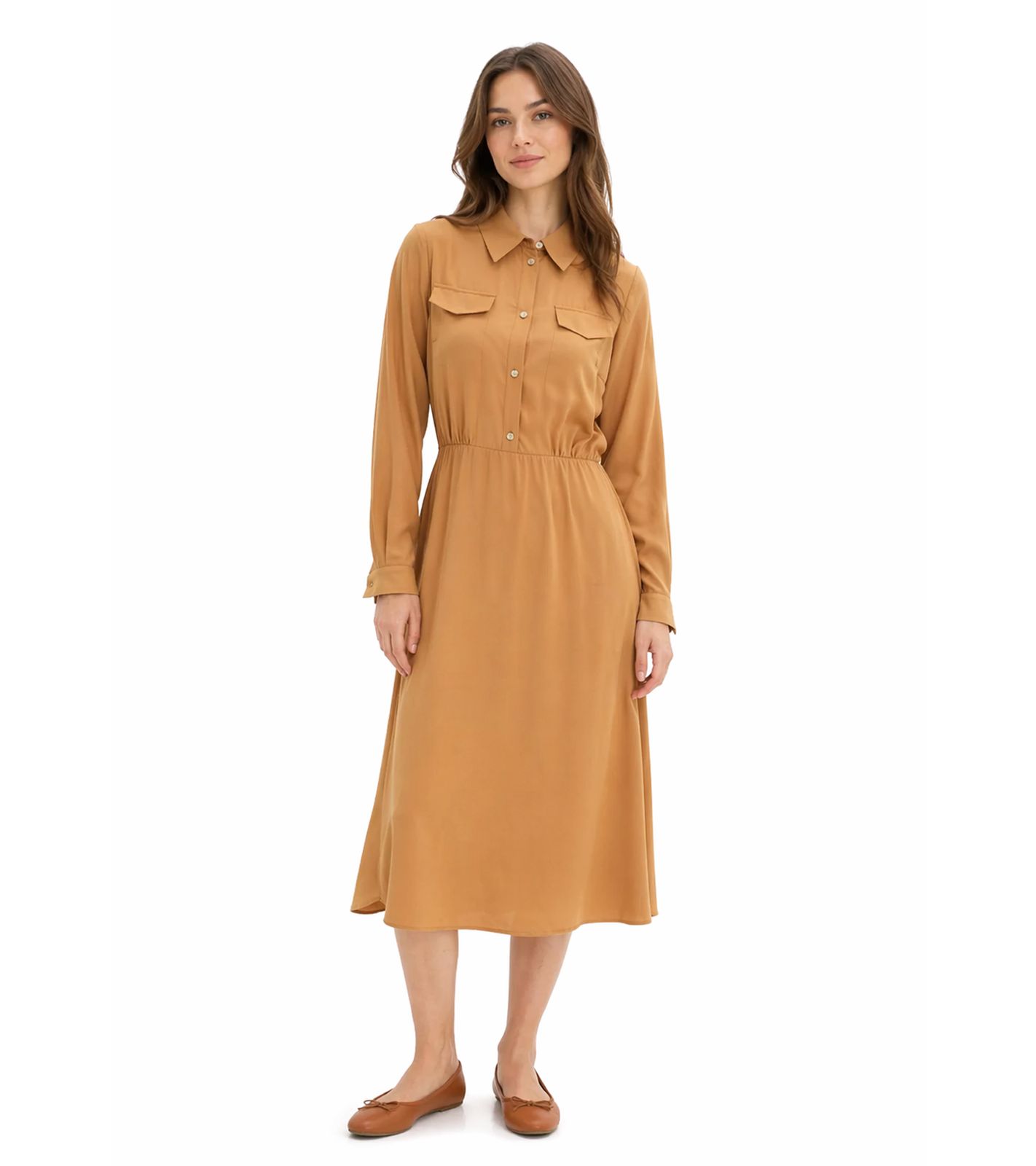 Klassisches Damen Hemdblusenkleid aus Viskose-Mix Maxi-Kleid 943847 Hell-Braun