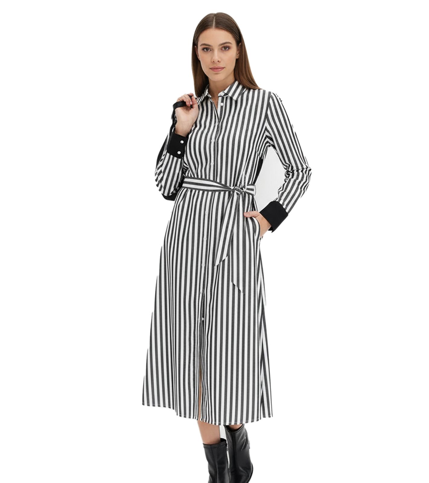 klassisches Damen Midi-Kleid Hemdblusen-Kleid im Streifen-Design Baumwoll-Kleid 934129 Schwarz/Weiß