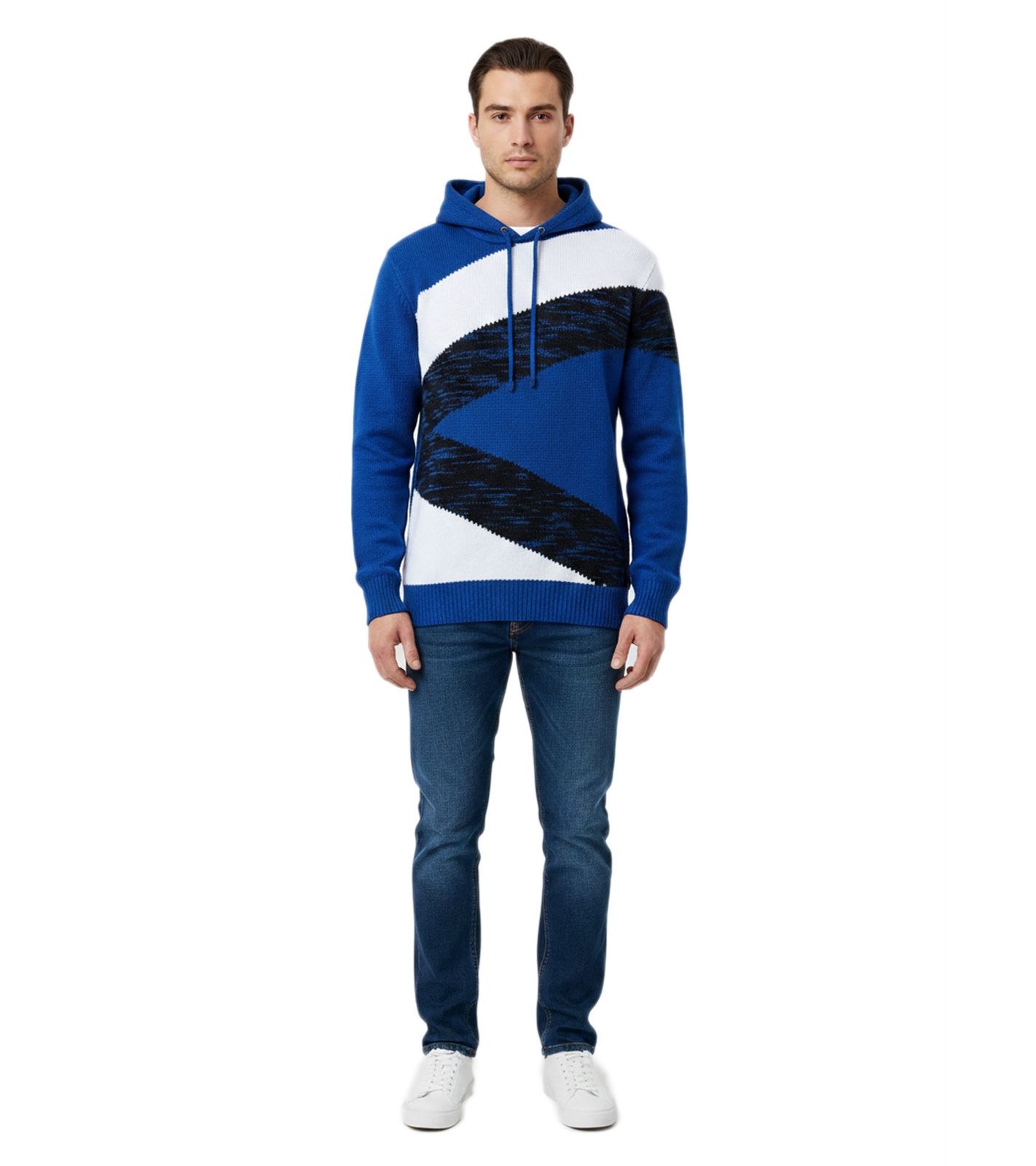 Kontrastfarbiger Herren Kapuzen-Pullover im Colorblock Design Sweater Slim Fit Hoodie 13245 Blau/Weiß/Schwarz