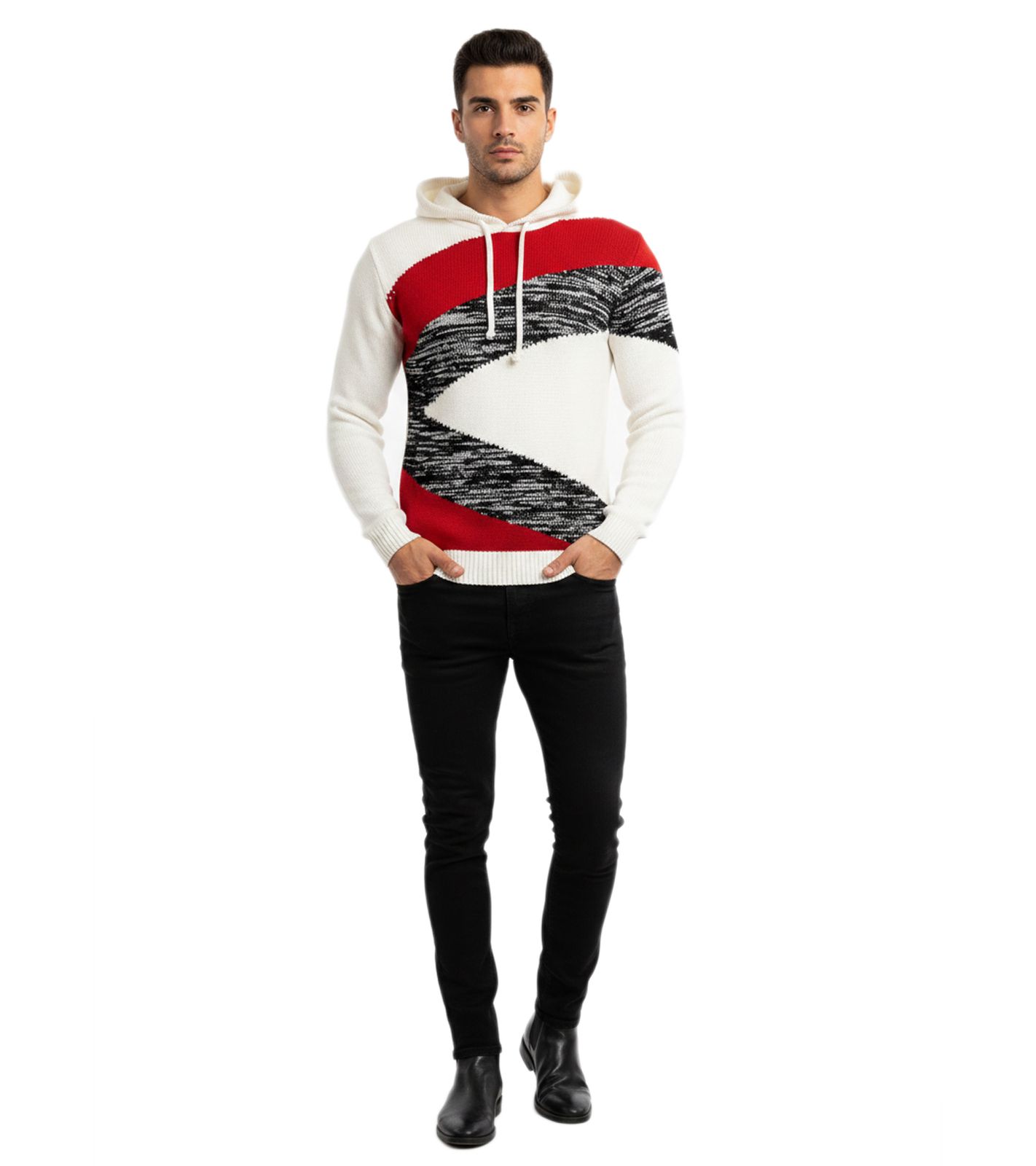 Kontrastfarbiger Herren Kapuzen-Pullover im Colorblock Design Sweater Slim Fit Hoodie 13245 Schwarz/Weiß/Rot