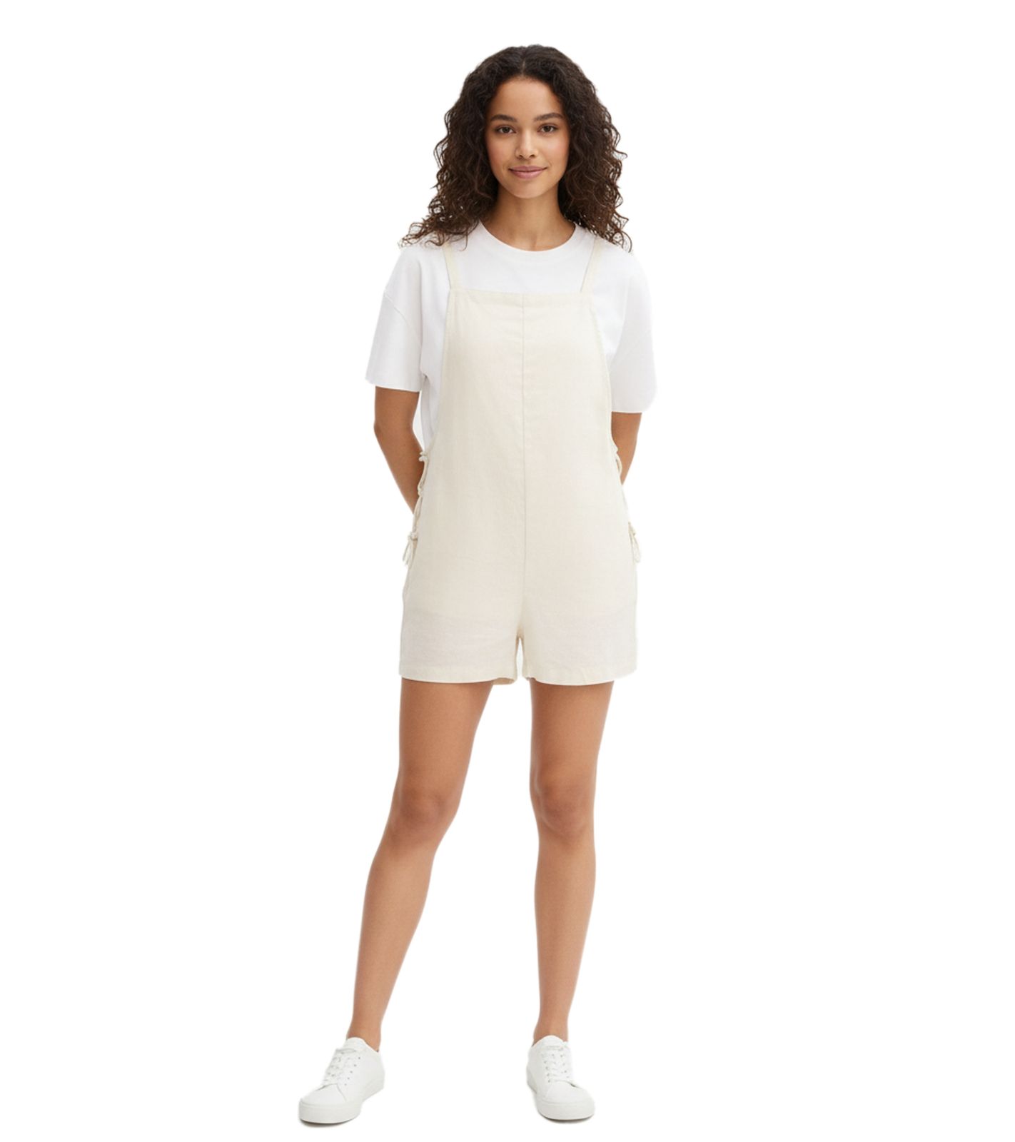kurzer Damen Jumpsuit mit Schnürungen aus luftigem Leinen-Mix Sommer-Anzug 959903 Beige