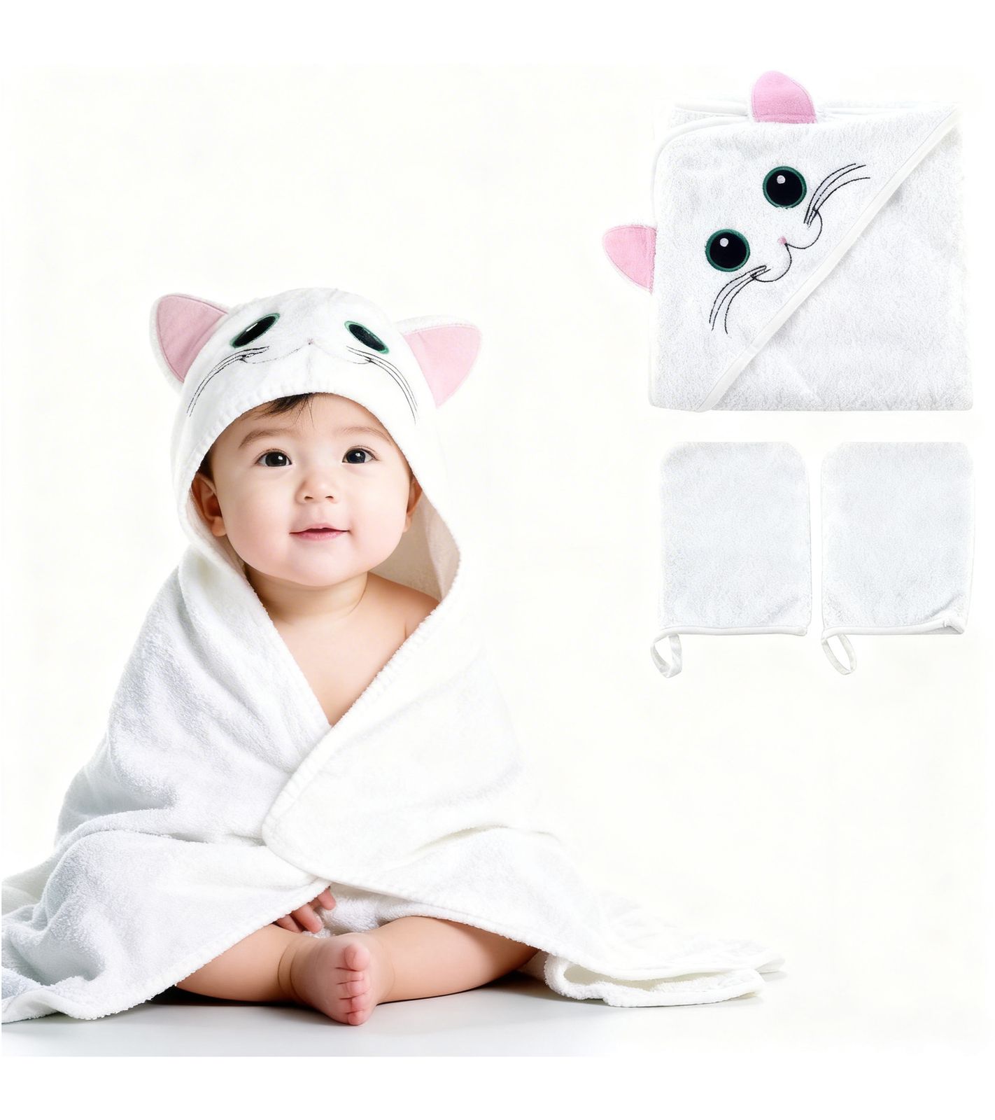 Kuschelweiches bloomborn Baby Badetücher Set Kapuzen-Handtuch mit Katzenmotiv inkl. 2x Waschhandschuh Baumwoll-Badetuch 75 x 75cm Weiß